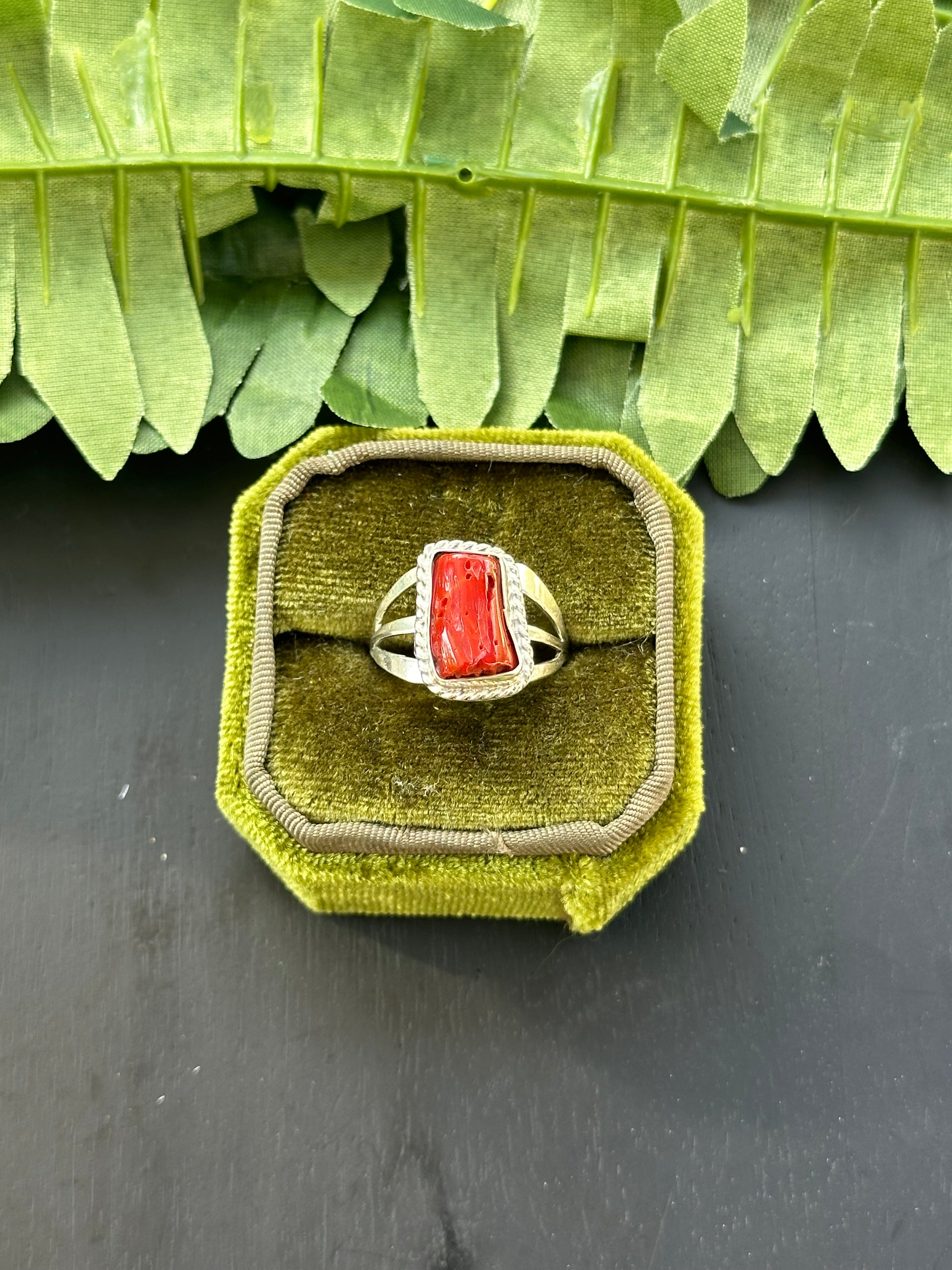 Navajo Made Red Coral & Sterling Silver Ring Size 7.5