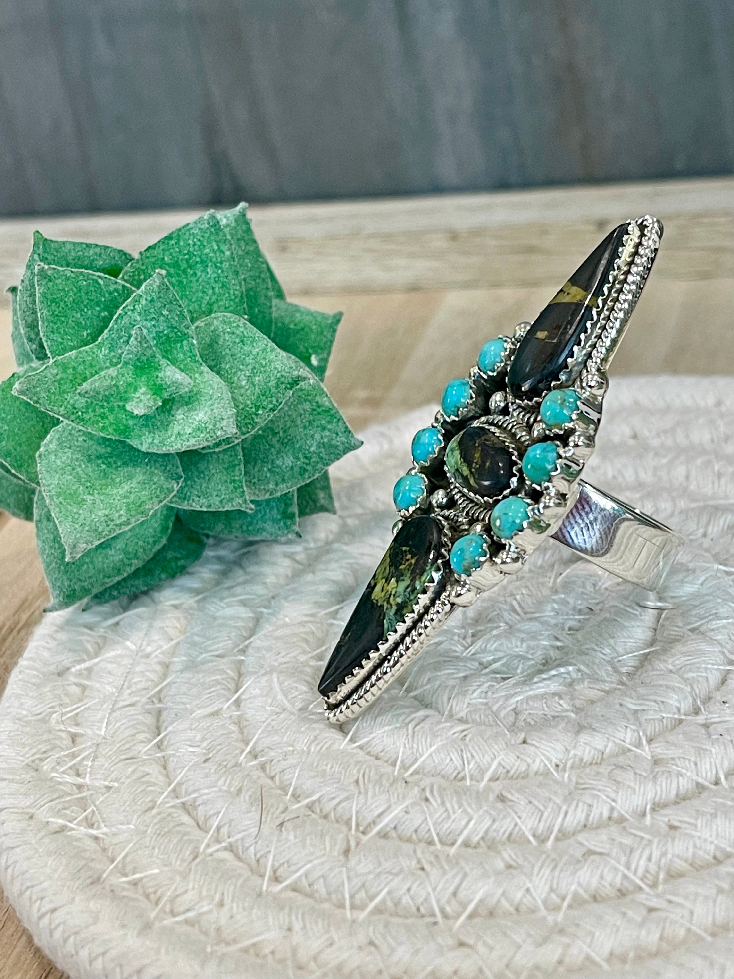 Southwest Handmade BlackJack Turquoise And Kingman Turquoise & Sterling Silver Adjustable Ring