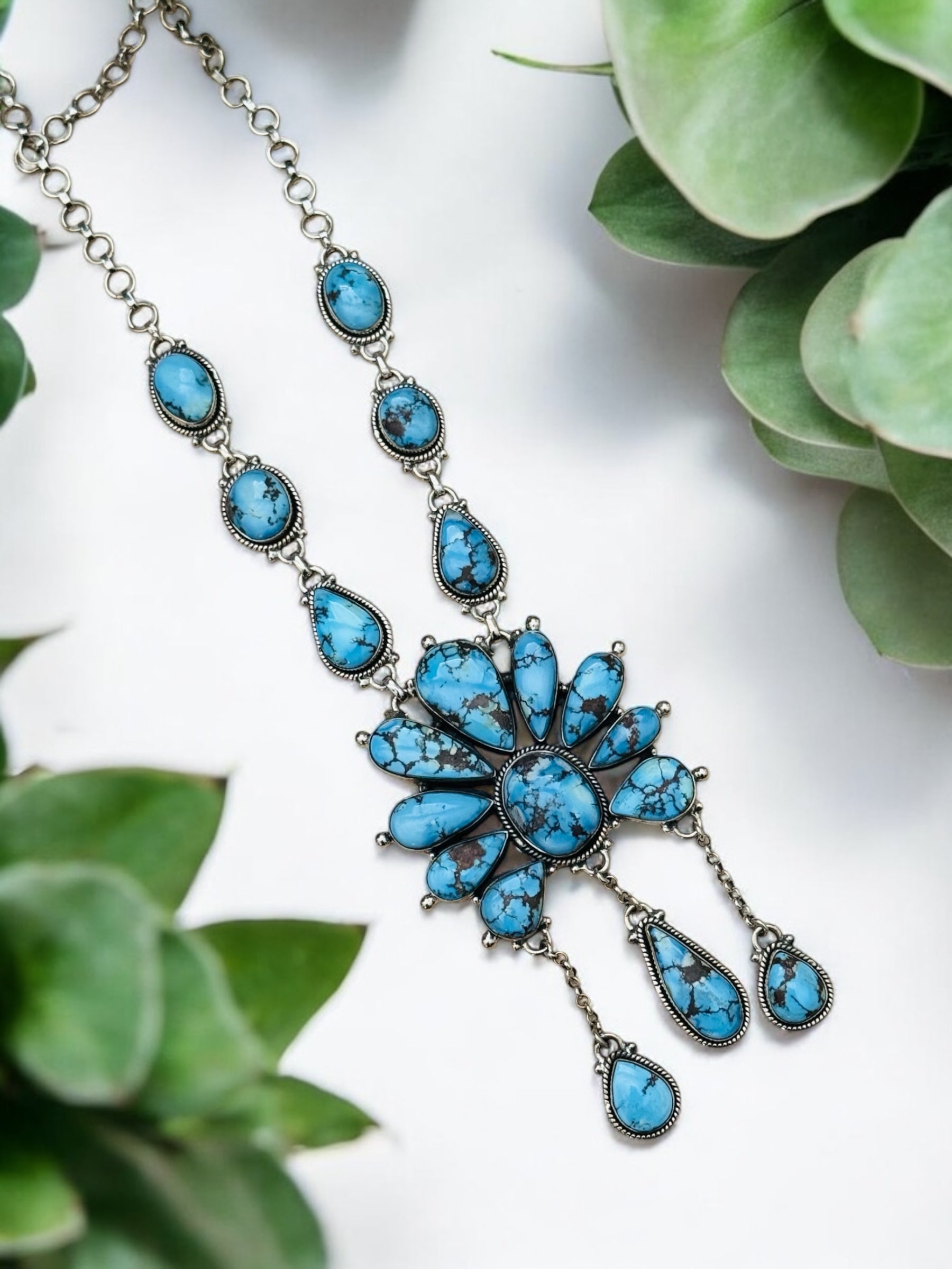 Southwest Handmade Golden Hills Turquoise & Sterling Silver Cluster Necklace