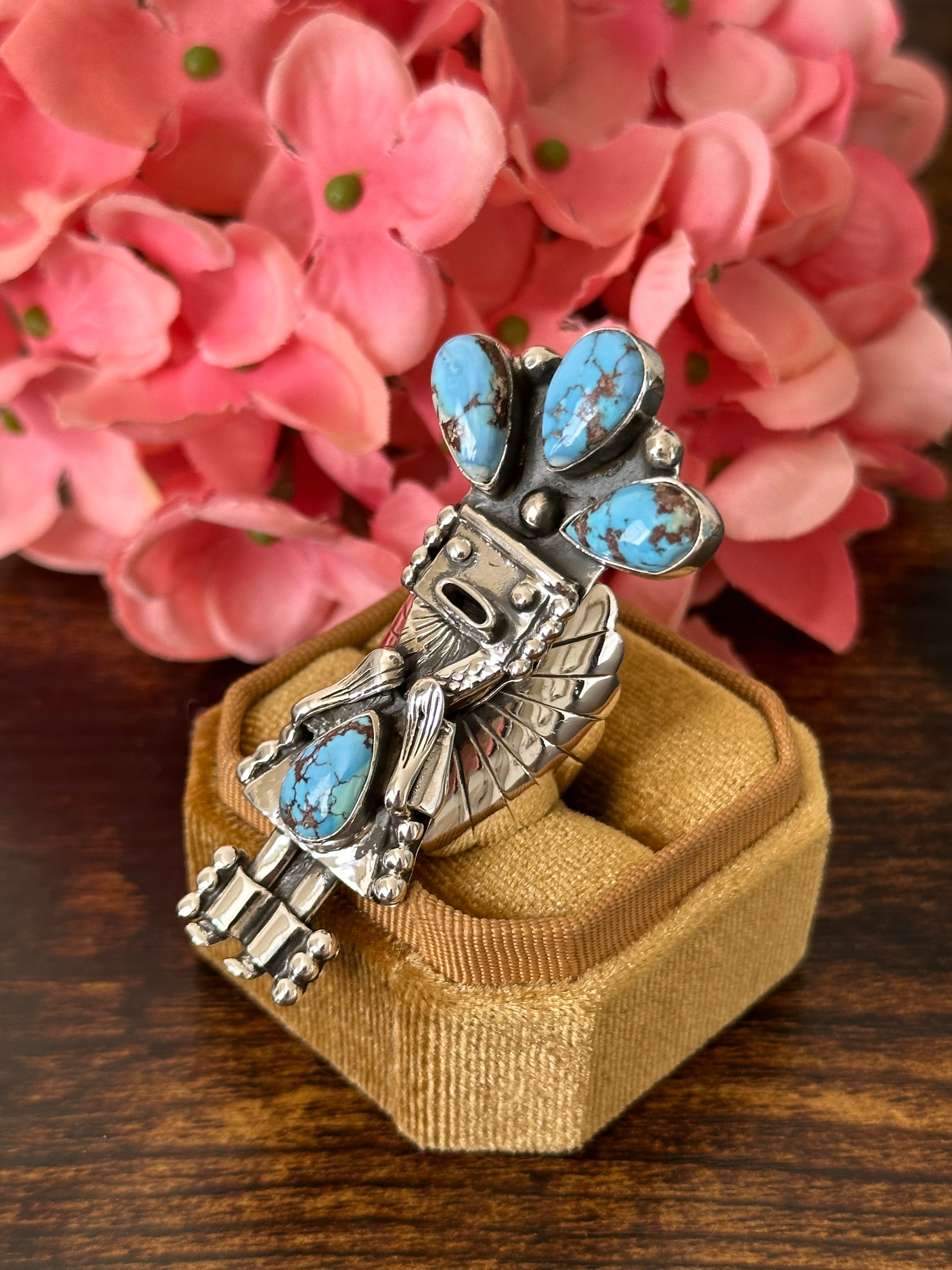 Southwest Handmade Golden Hills Turquoise & Sterling Silver Adjustable Kokopelli Ring