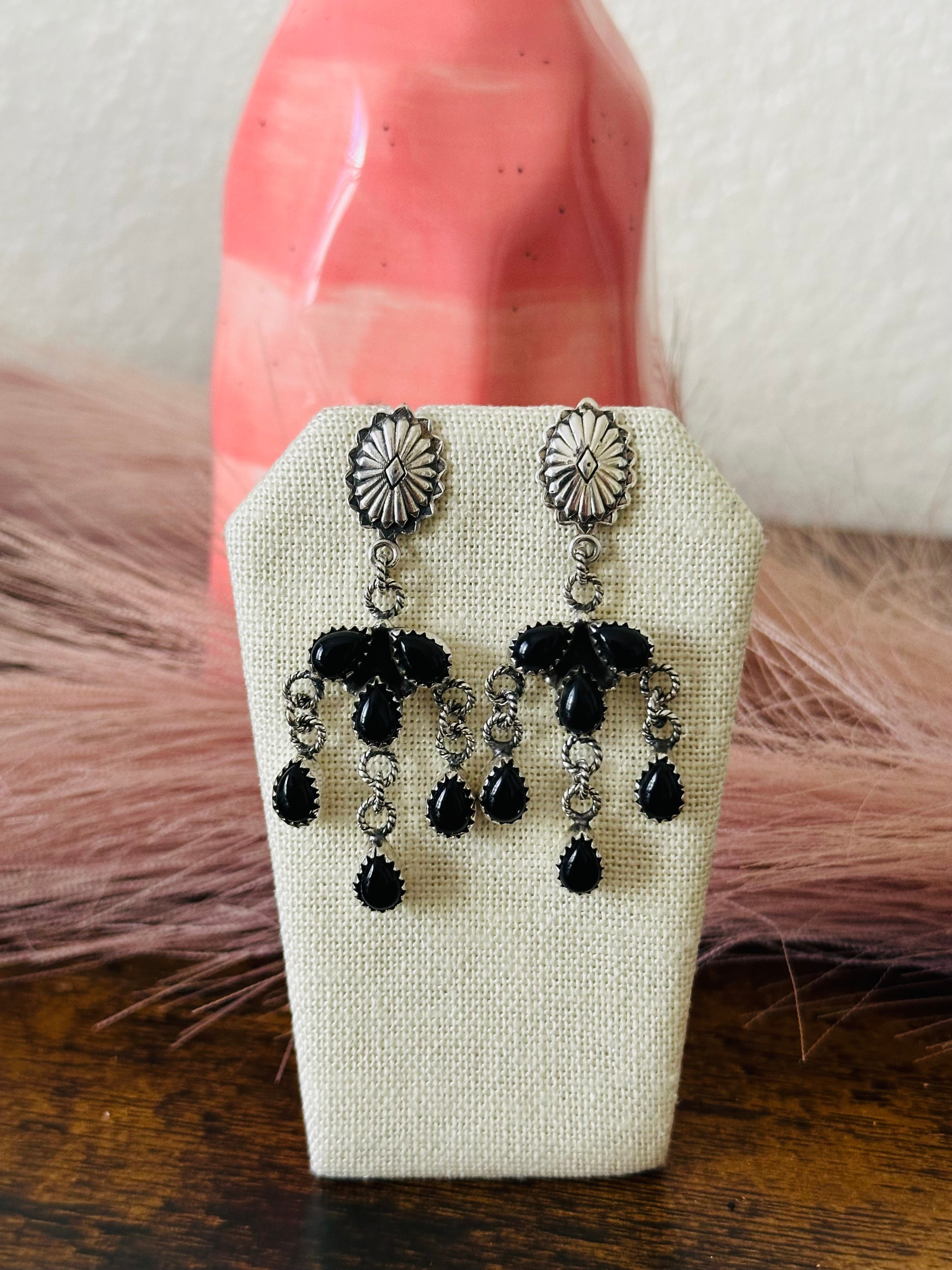 Southwest Handmade Onyx & Sterling Silver Post Dangle Earrings