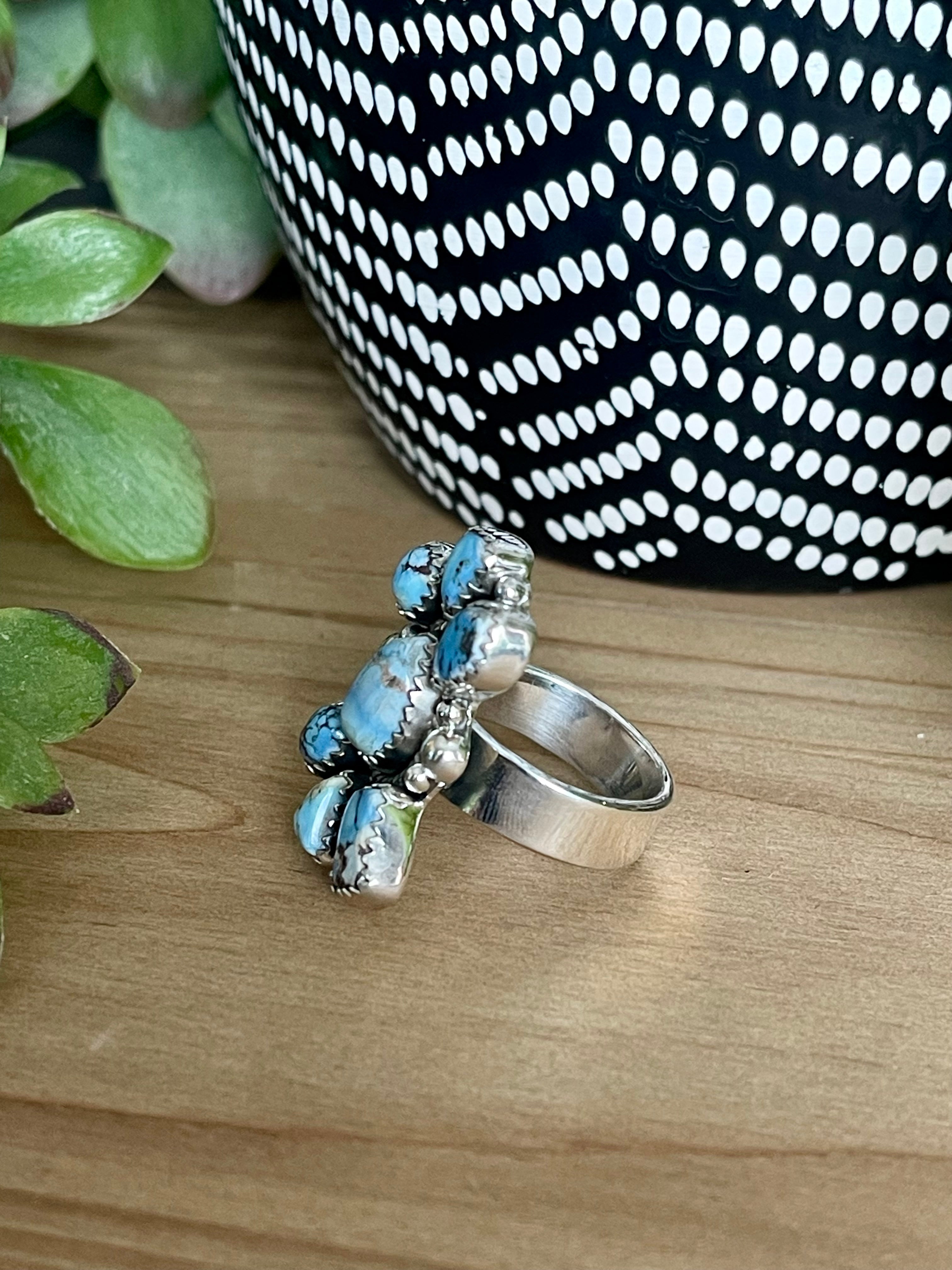 Southwest Handmade Golden Hills Turquoise & Sterling Silver Adjustable Cluster Ring