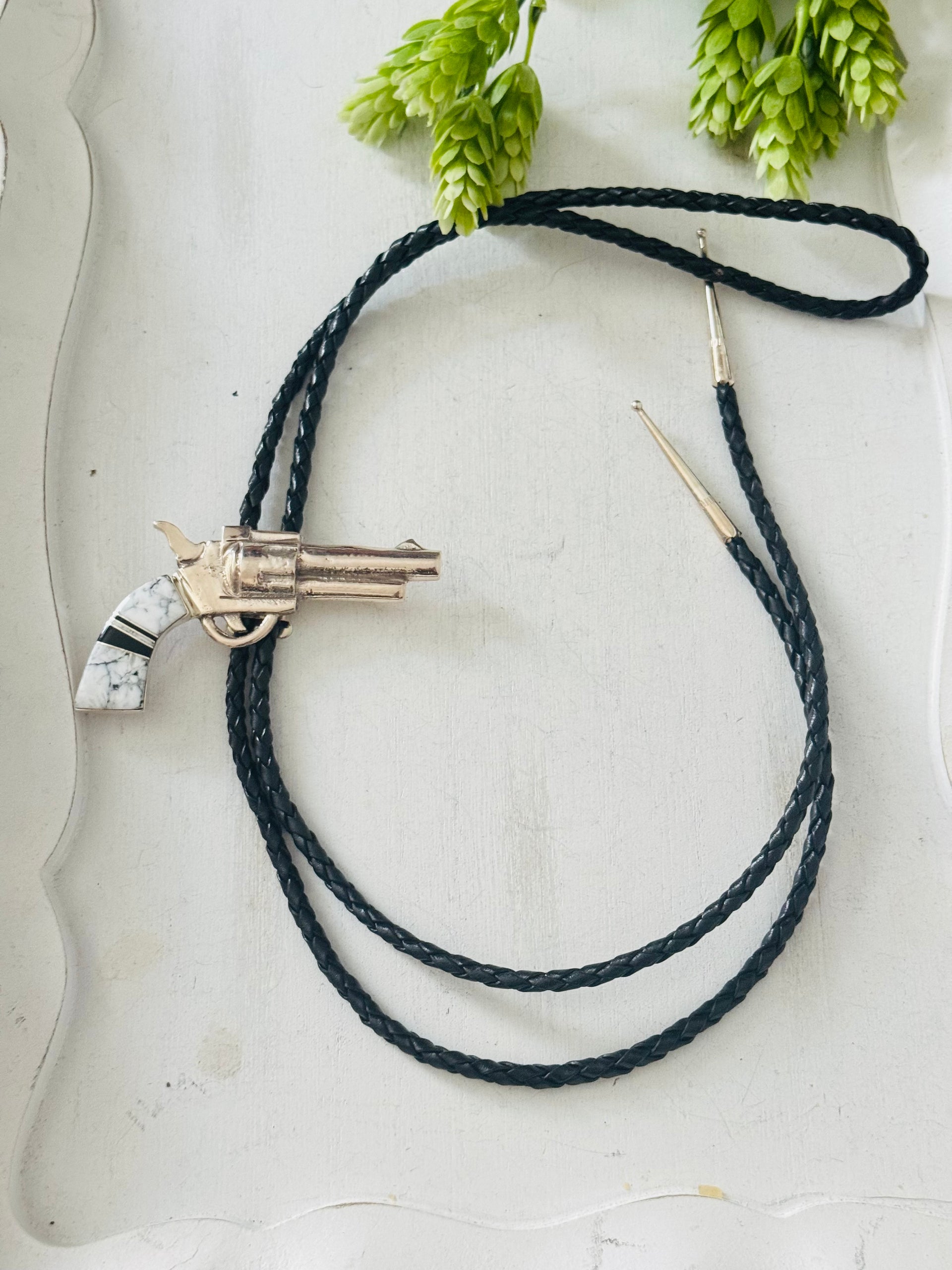 Bobby Mannelito Multi Stone & Sterling Silver Pistol Inlay Bolo Tie