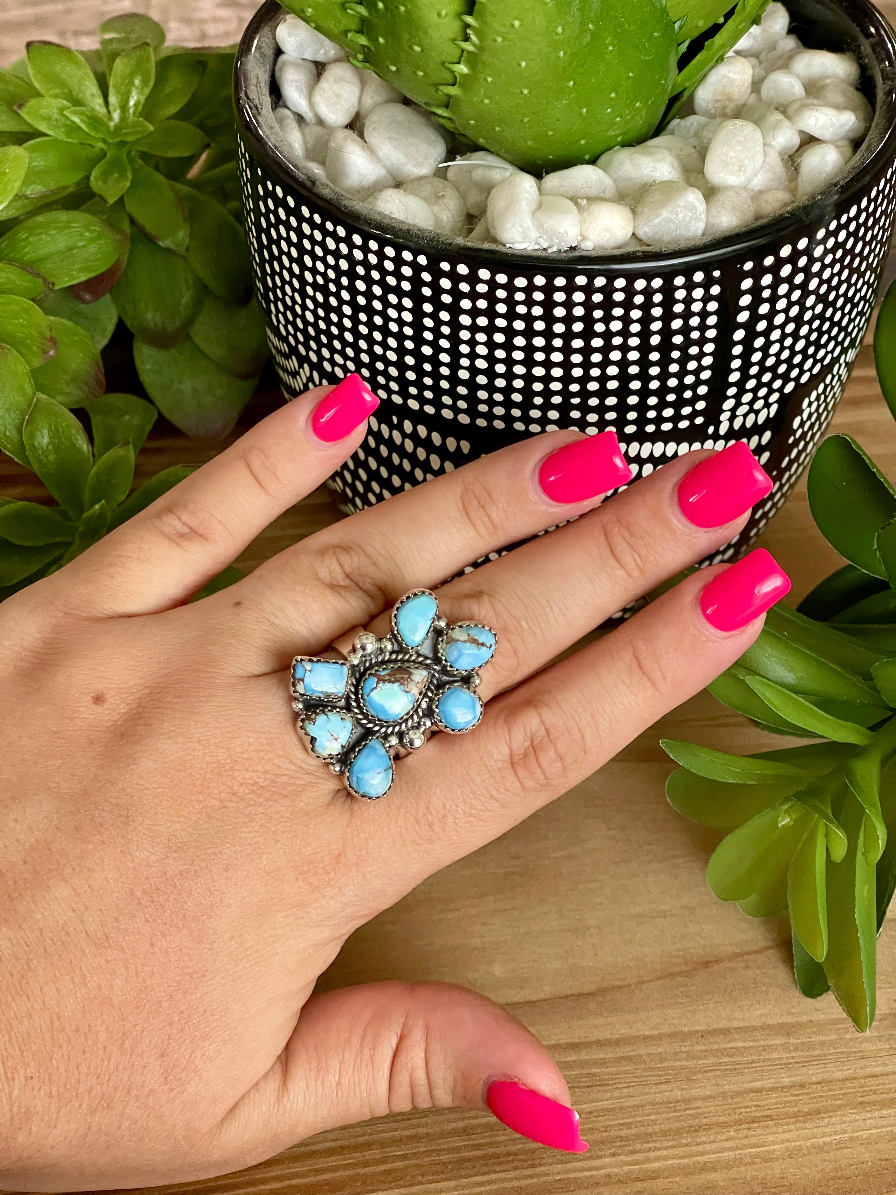 Southwest Handmade Golden Hills Turquoise & Sterling Silver Adjustable Cluster Ring