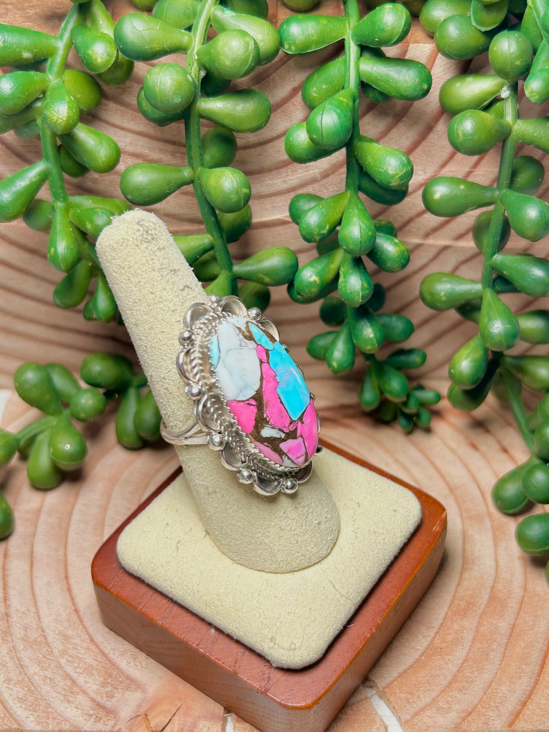 Navajo Made Cotton Candy Dahlia & Sterling Sliver Ring Size 8.25