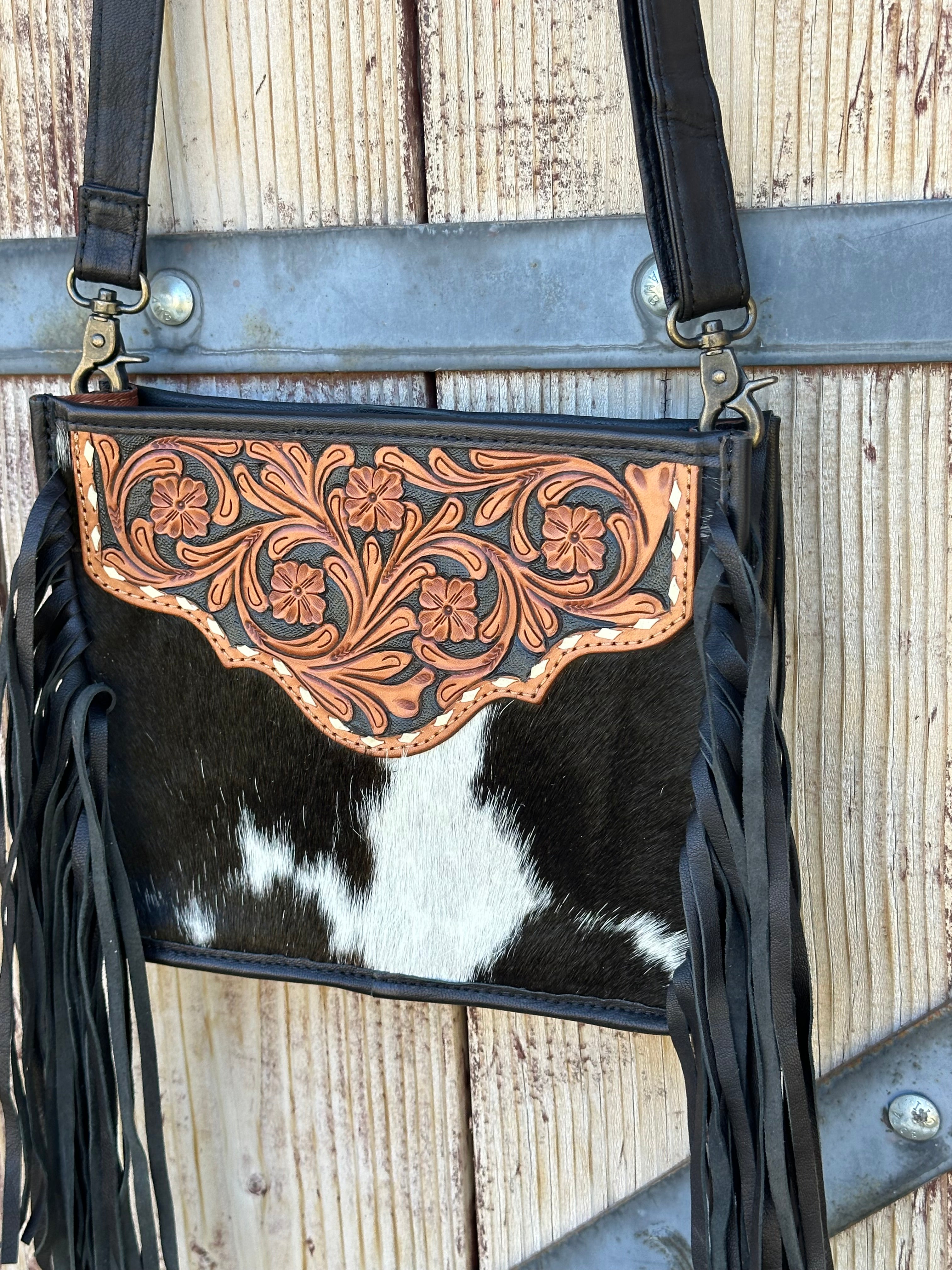 Genuine Tooled Leather & Cowhide Fringe Purse