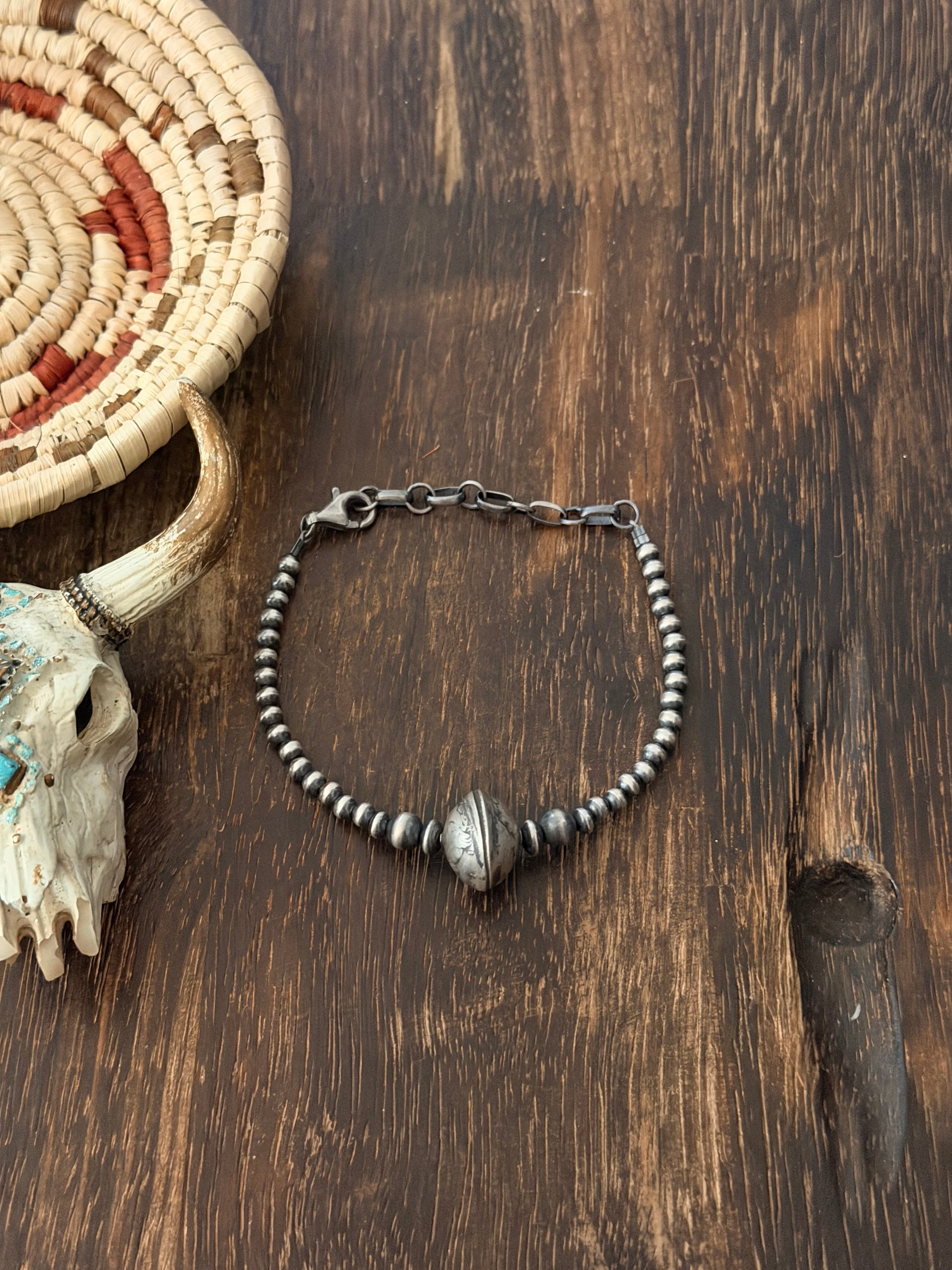 Navajo Strung Sterling Silver Liberty Dime Beaded Pearl Bracelet