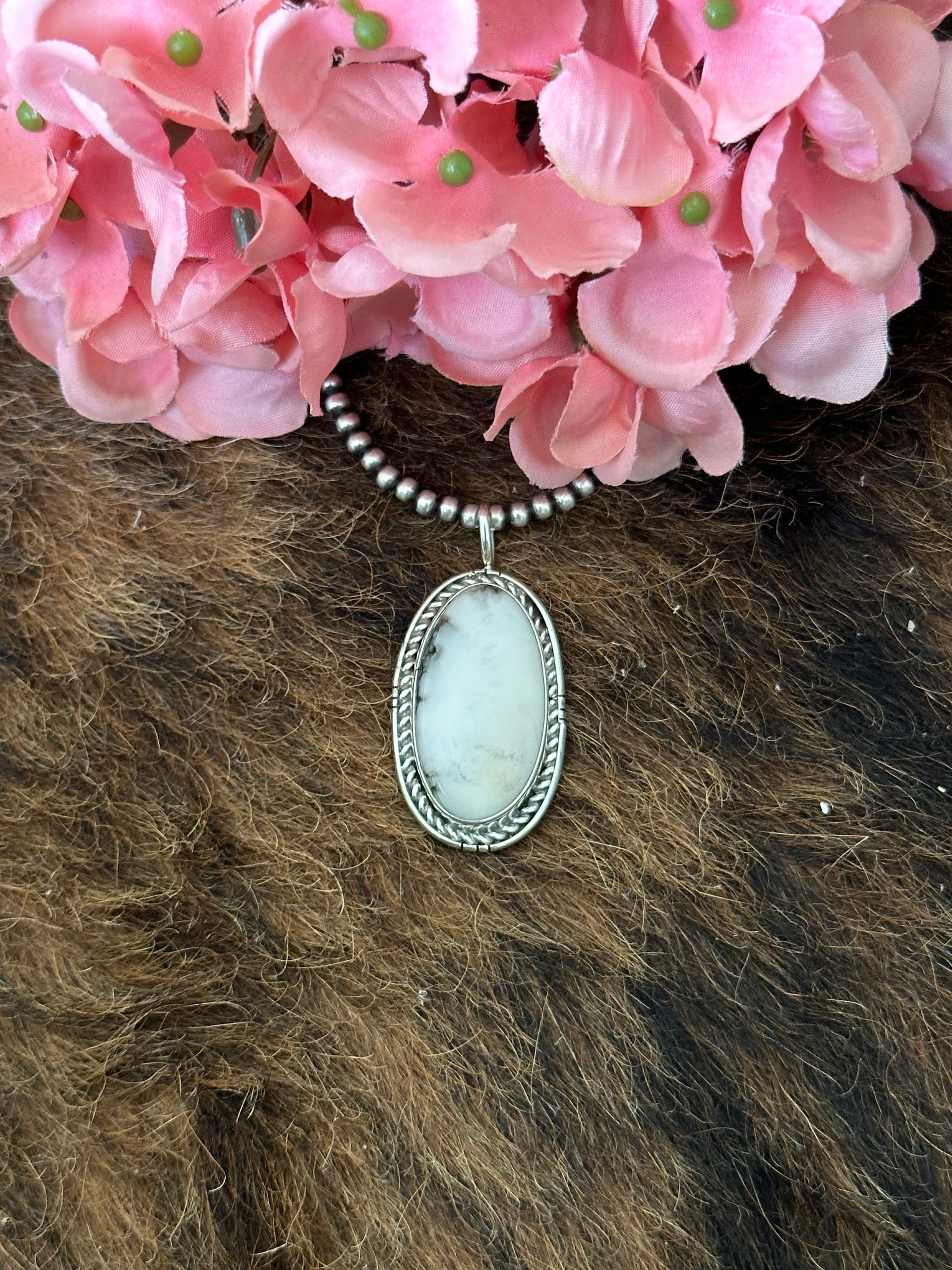 Navajo Made White Buffalo & Sterling Silver Pendant.