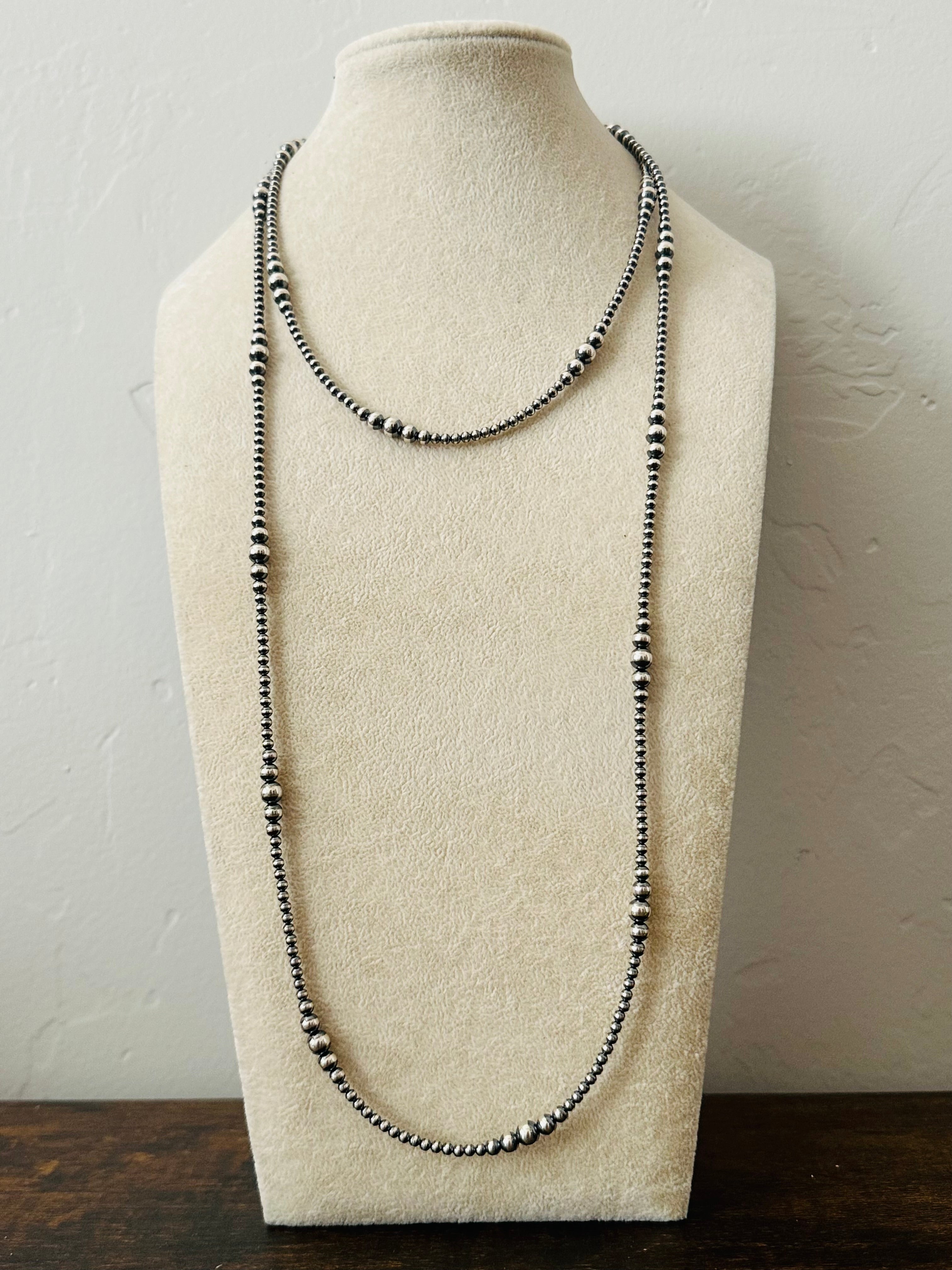 Navajo Strung Graduated Sterling Silver Pearls Beaded Necklace