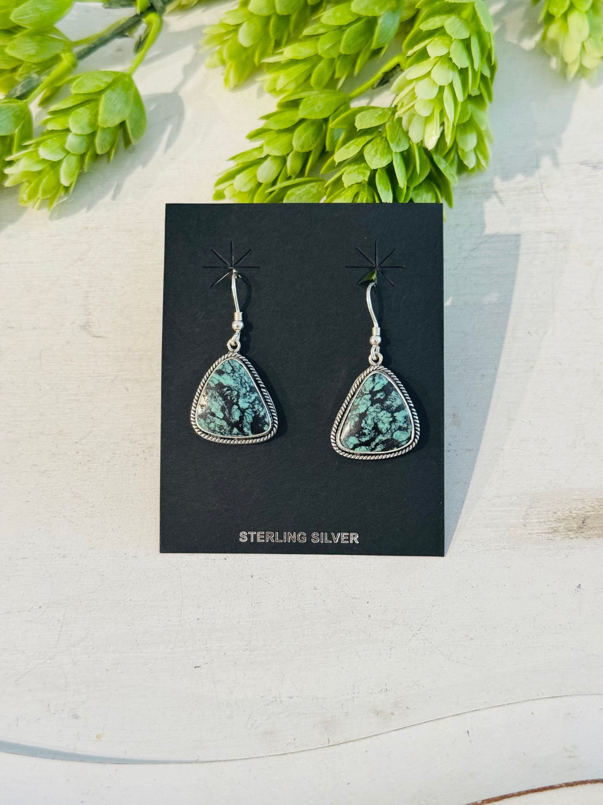 Southwest Handmade Emerald Rose Variscite & Sterling Silver Dangle Earrings