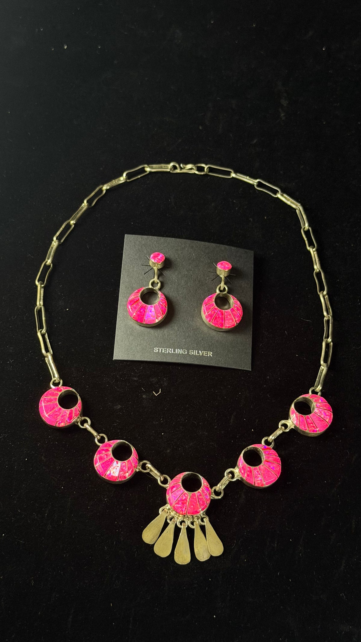 Old Pawn Zuni Made Hot Pink Opal (Man Made) & Sterling Silver Necklace Set