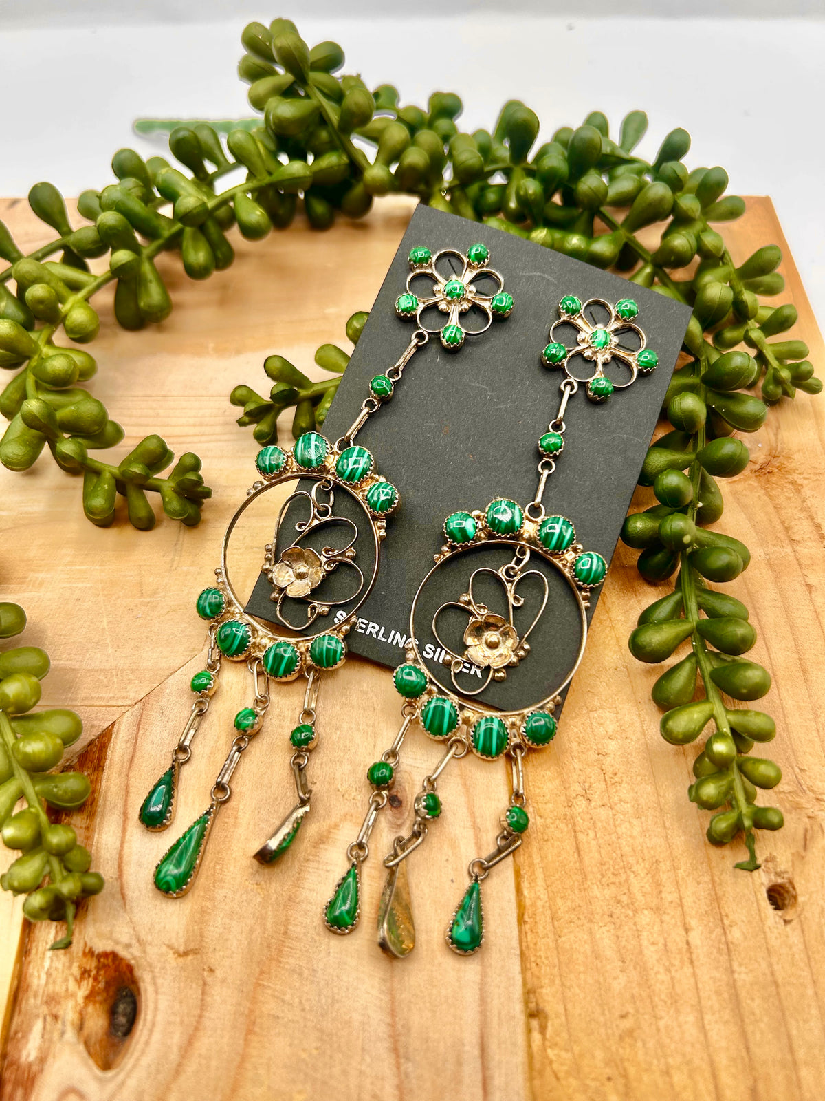Vintage Navajo Made Malachite & Sterling Silver Post Earrings