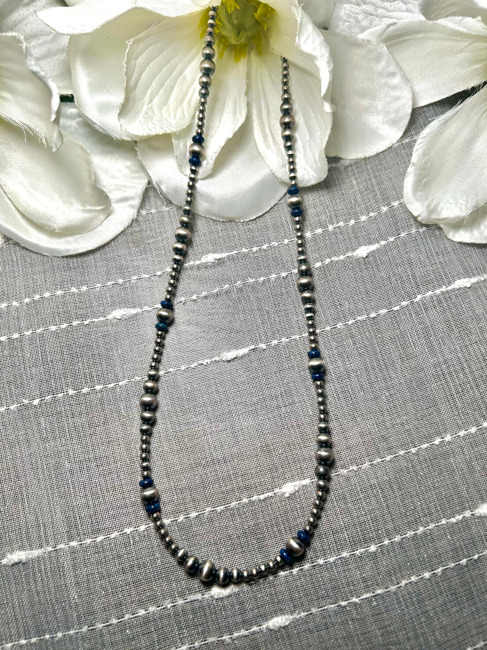 Navajo Made Strung Lapis & Sterling Silver Necklace