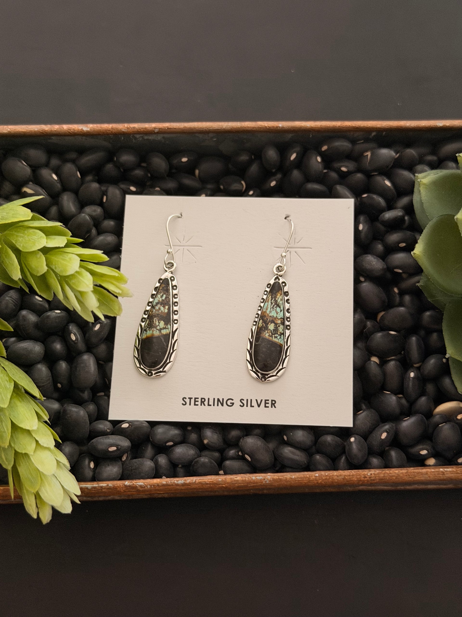 Navajo Made Black Jack Turquoise & Sterling Silver Dangle Earrings