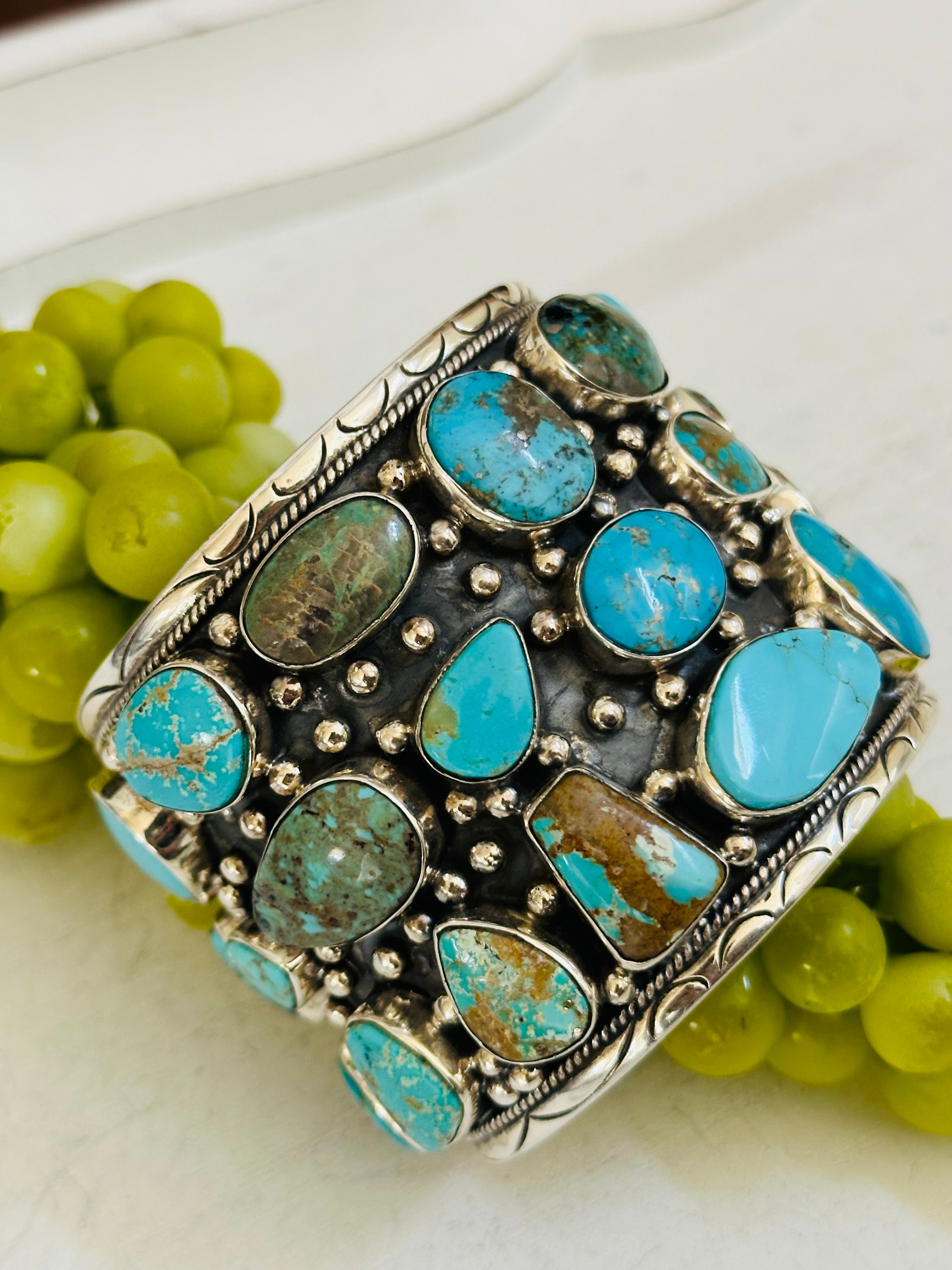 Ted Vacit Kingman Turquoise & Sterling Silver Cluster Cuff Bracelet