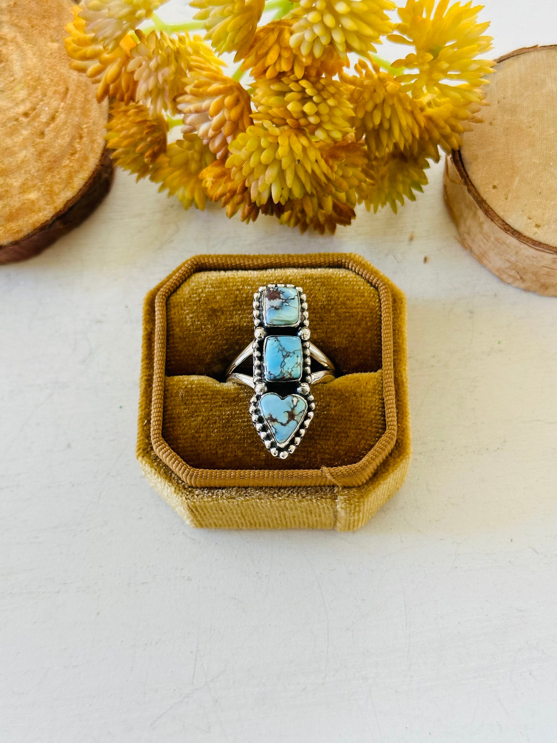 Southwest Handmade Golden Hills Turquoise & Sterling Silver Ring Size 8.25