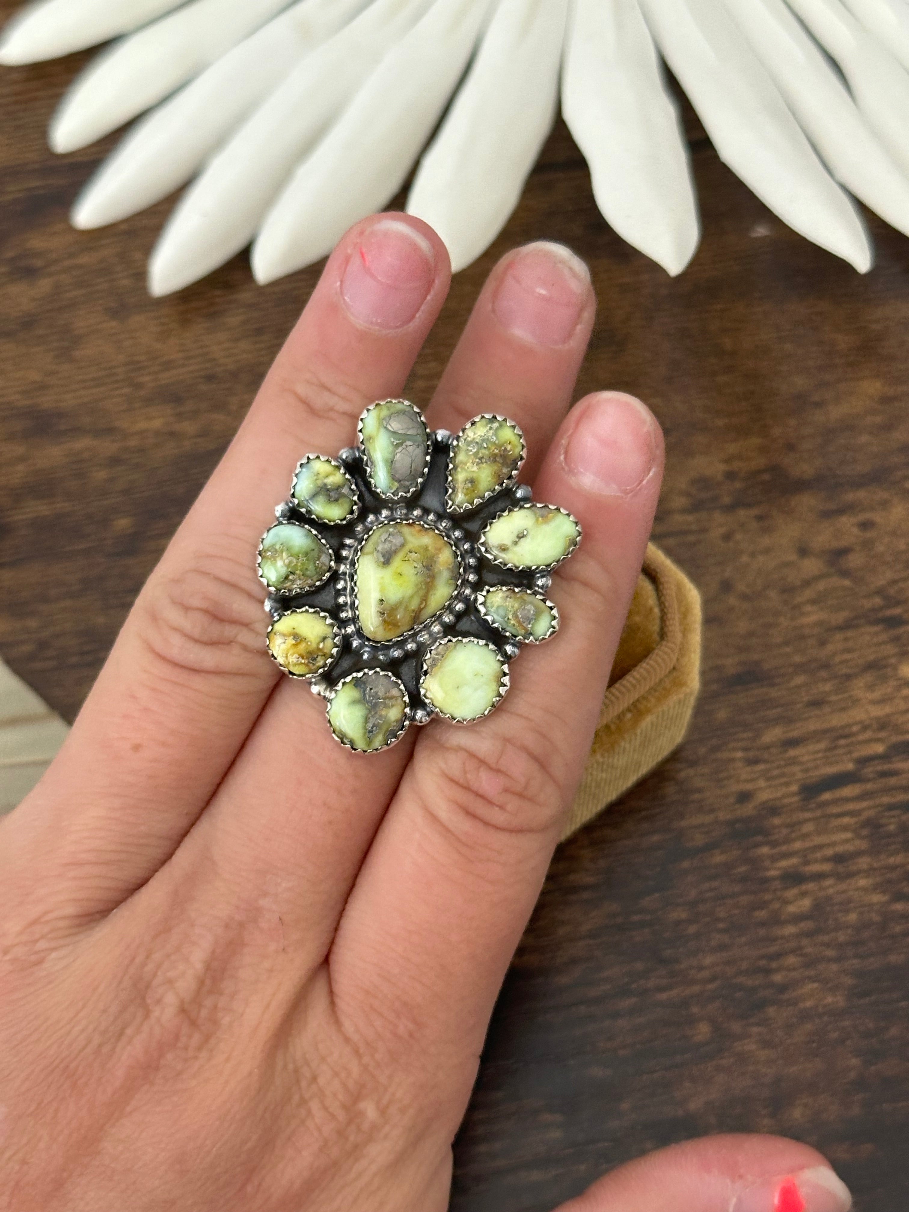 Southwest Handmade Palomino Variscite & Sterling Silver Adjustable Cluster Ring