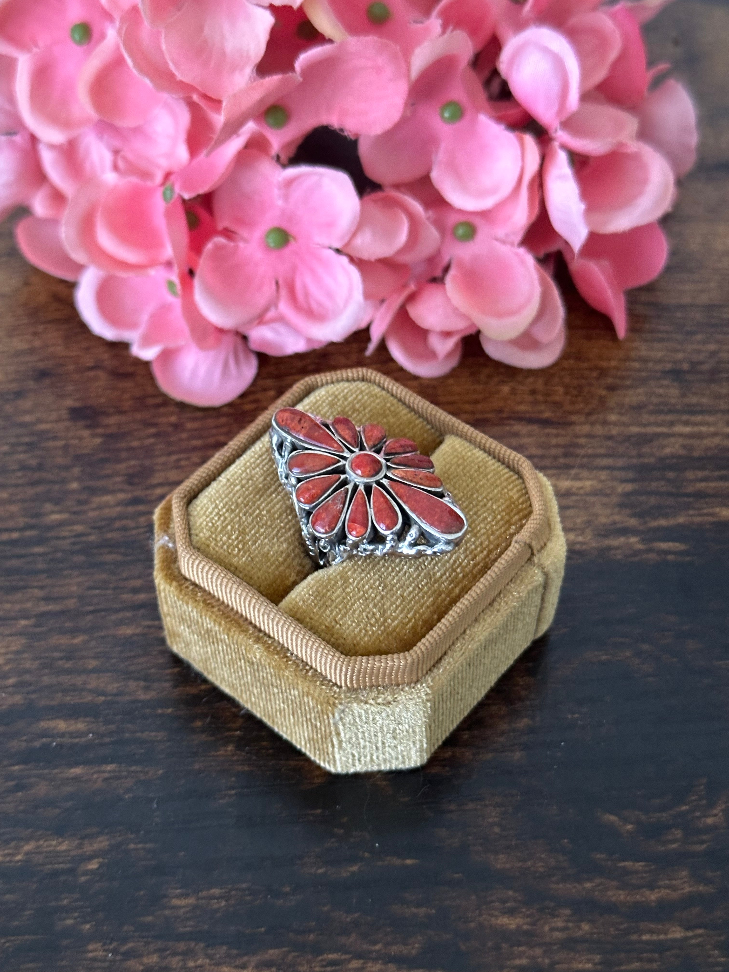 Southwest Handmade Red Coral & Sterling Silver Cluster Adjustable Ring