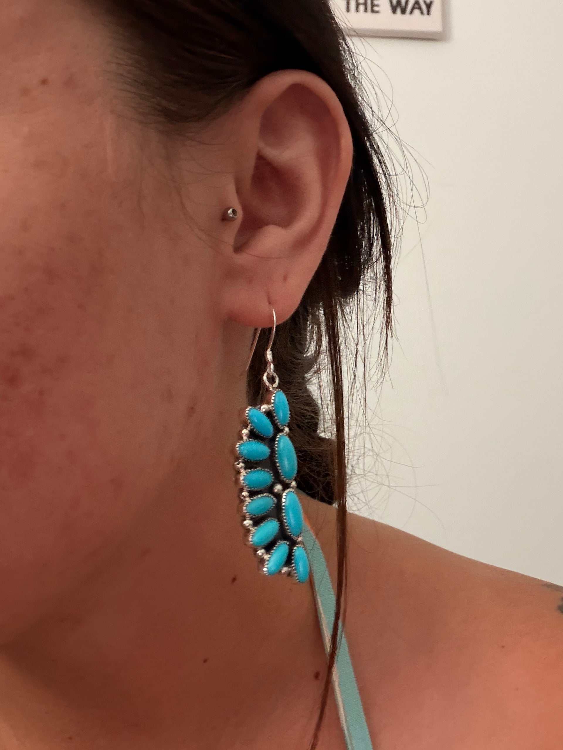 Navajo Made Kingman Turquoise & Sterling Silver Cluster Dangle Earrings