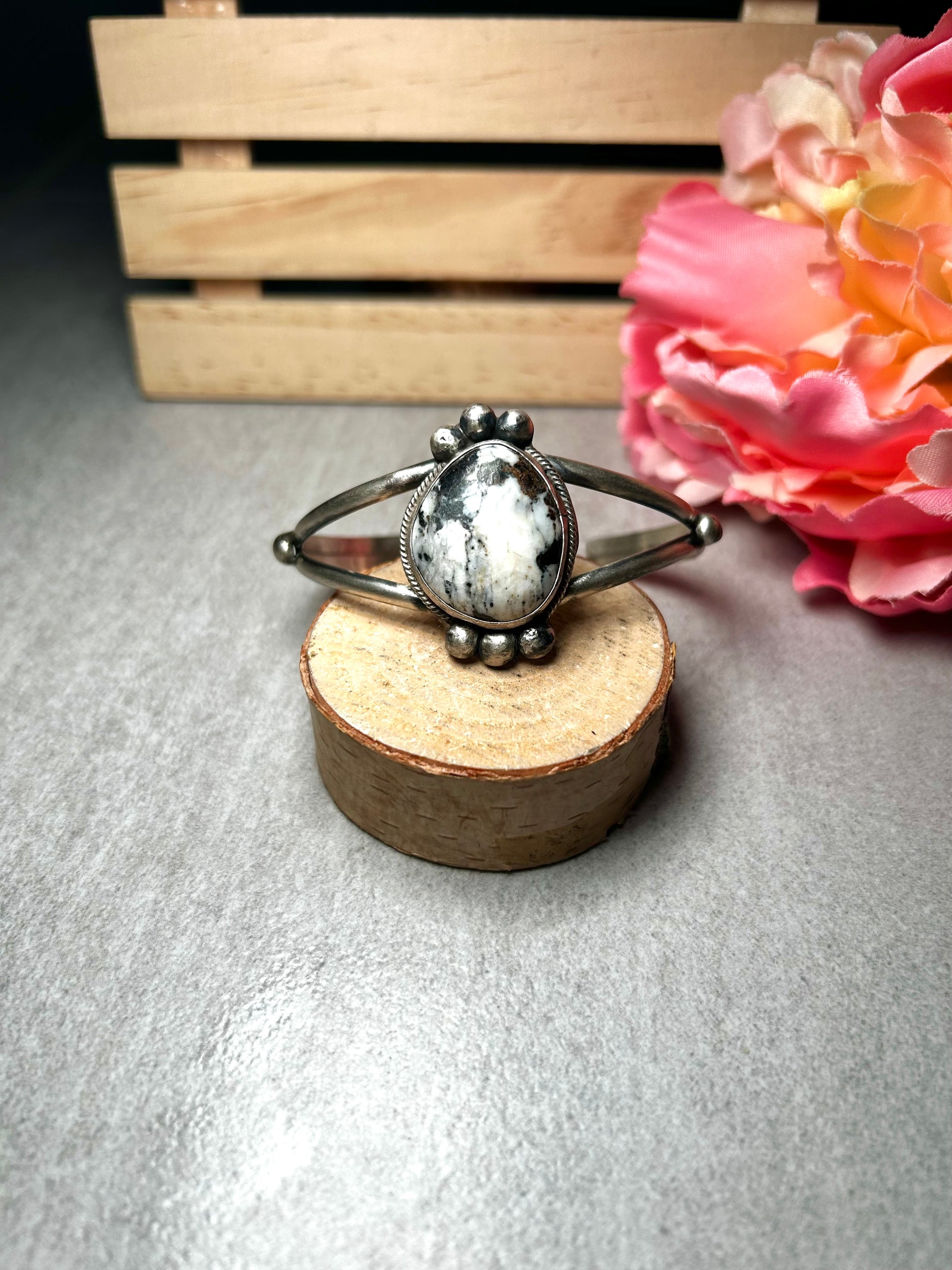 Navajo Made White Buffalo & Sterling Silver Cuff Bracelet