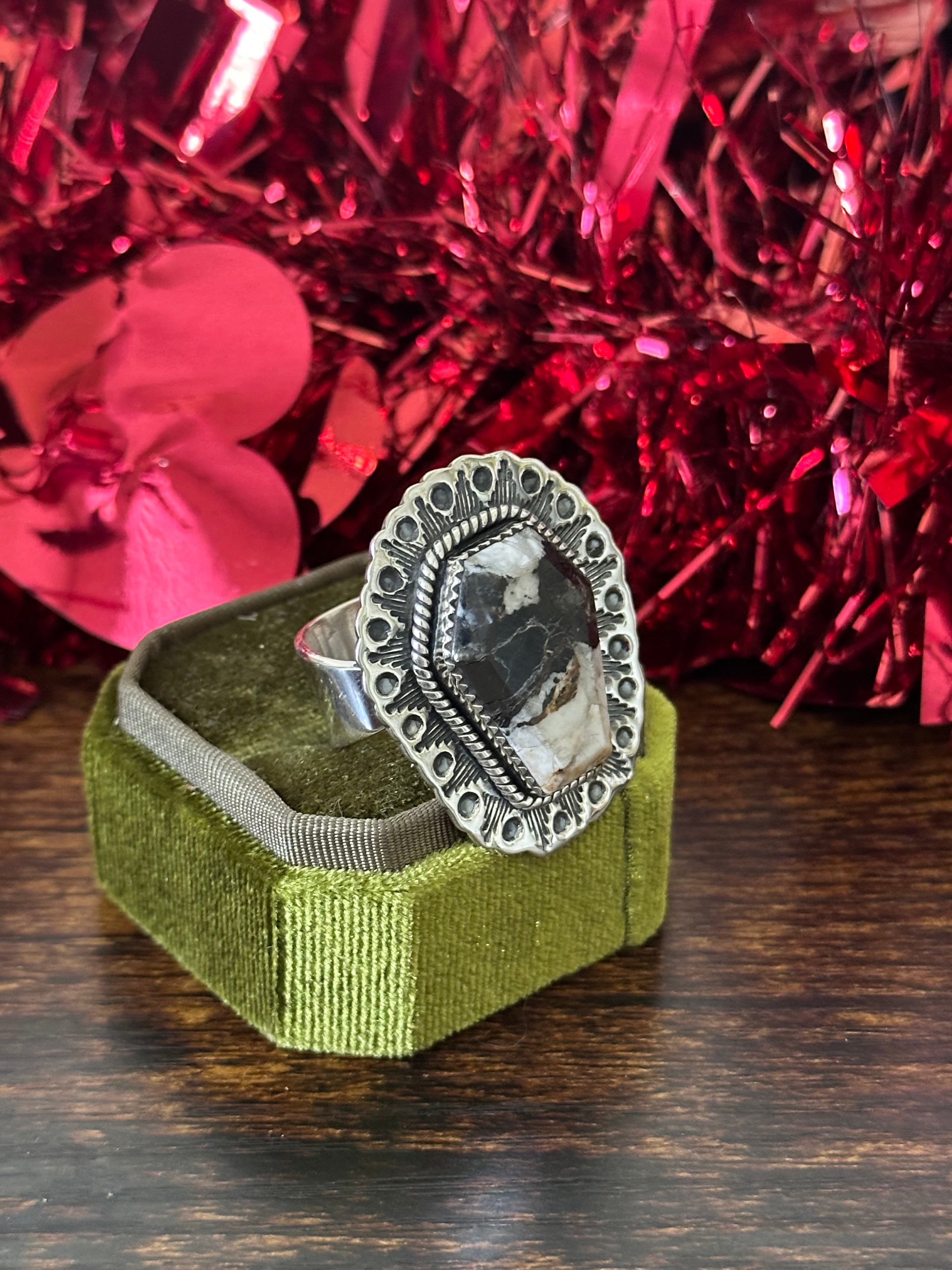 Southwest Handmade White Buffalo & Sterling Silver Adjustable Coffin Ring