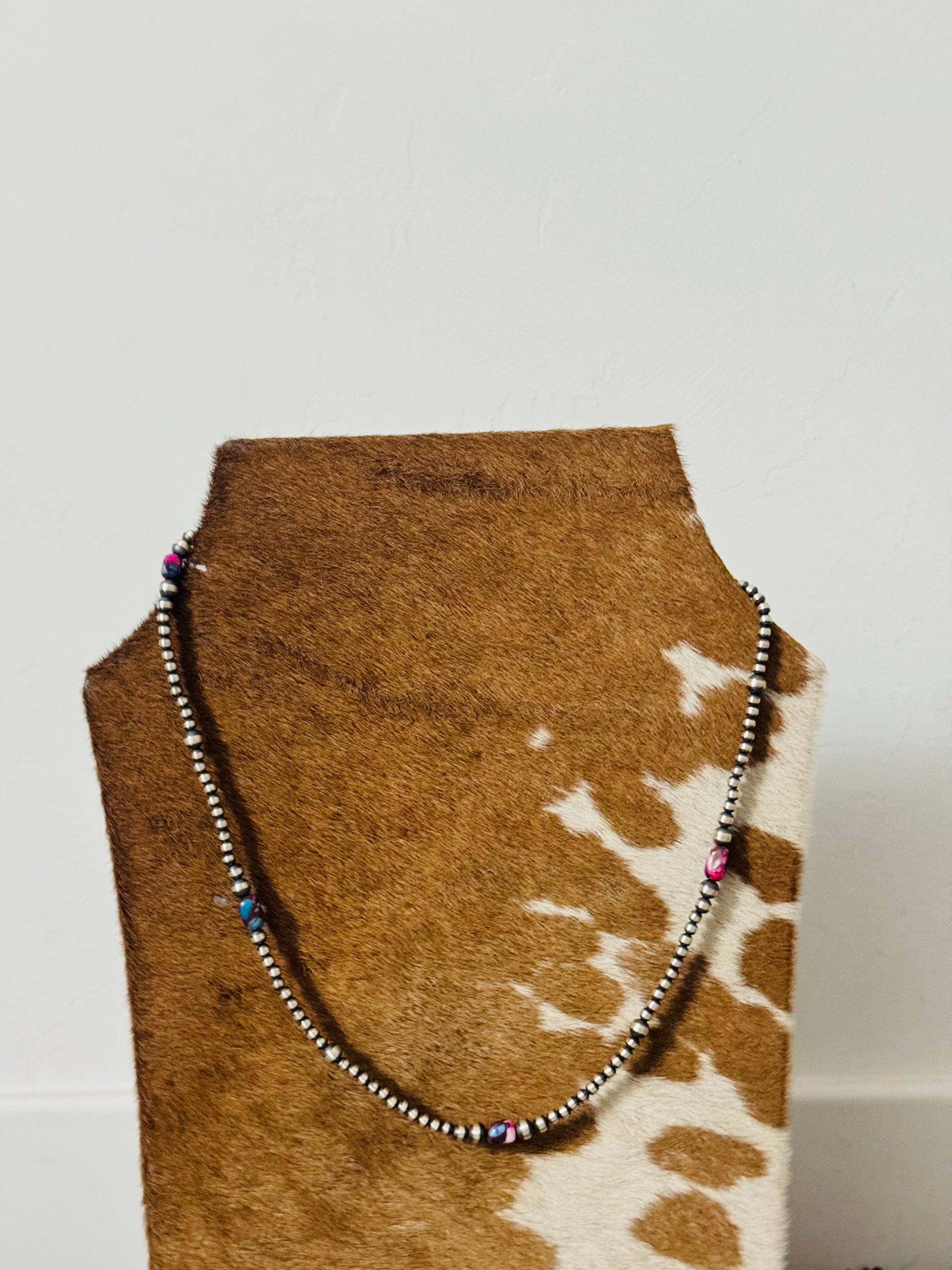 Navajo Strung Pink Mohave Turquoise & Sterling Silver Graduated Pearl Necklace