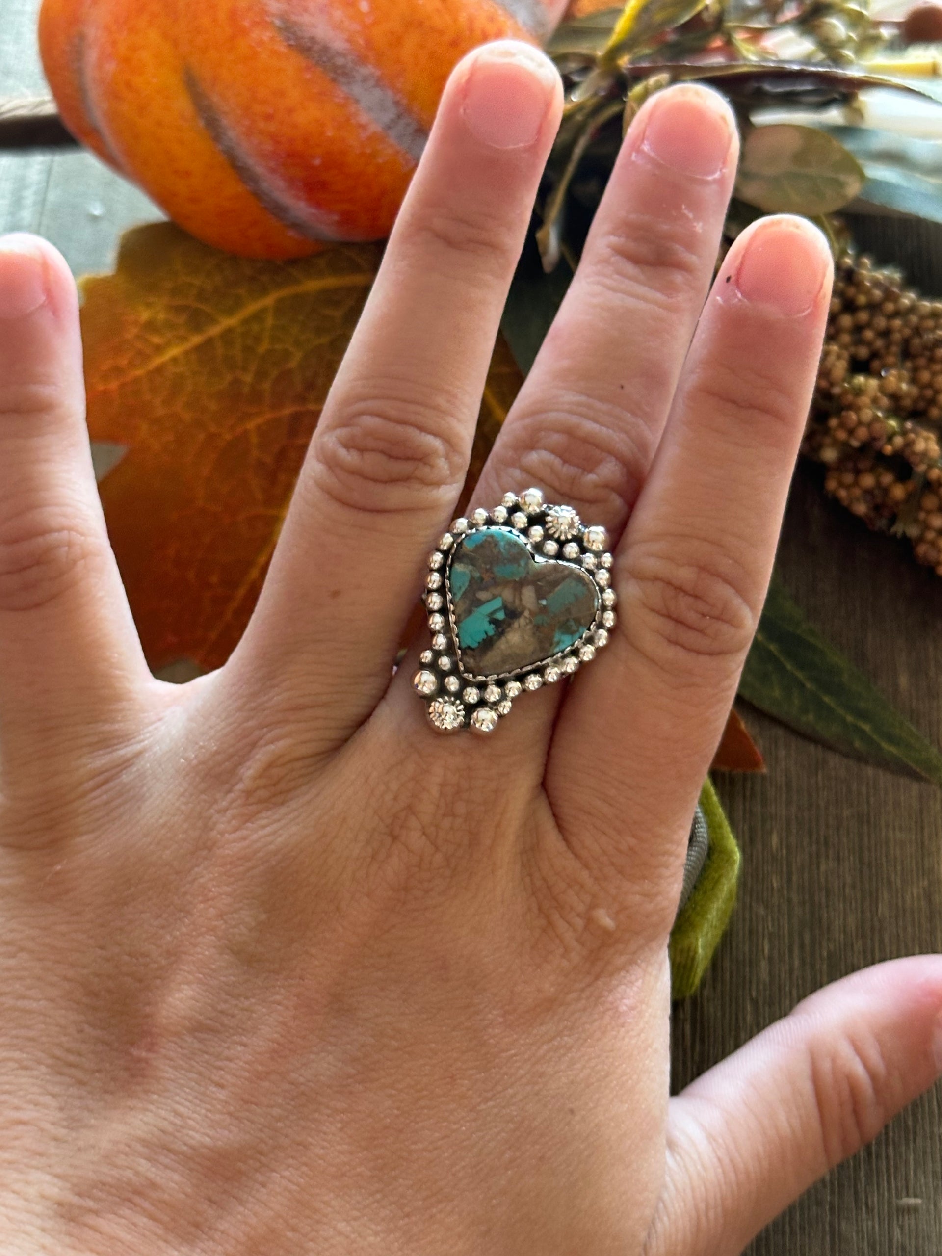 Southwest Handmade Mohave Turquoise & Sterling Silver Heart Ring Size 8.75