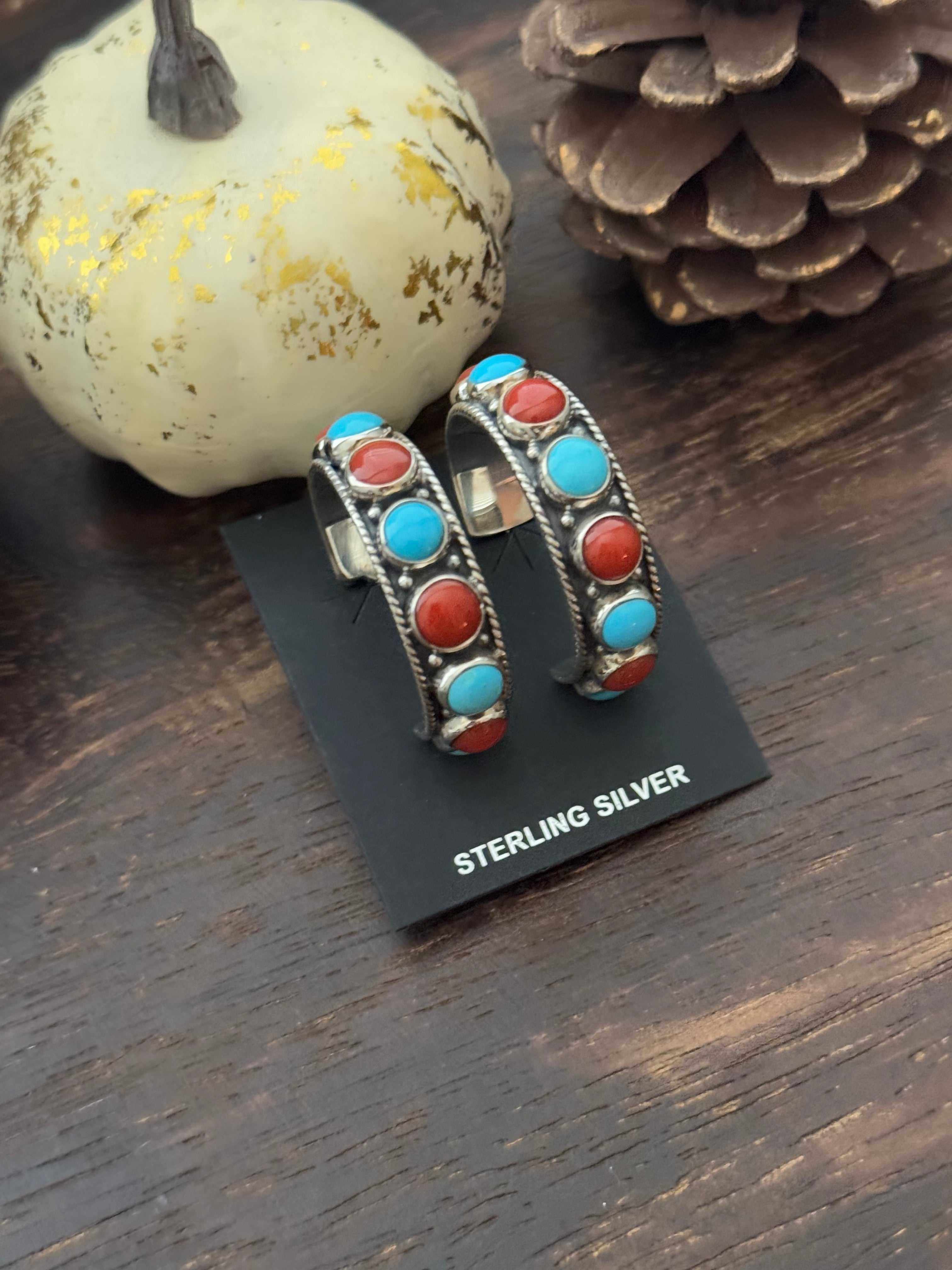 Navajo Made Multi Stone & Sterling Silver Hoop Earrings