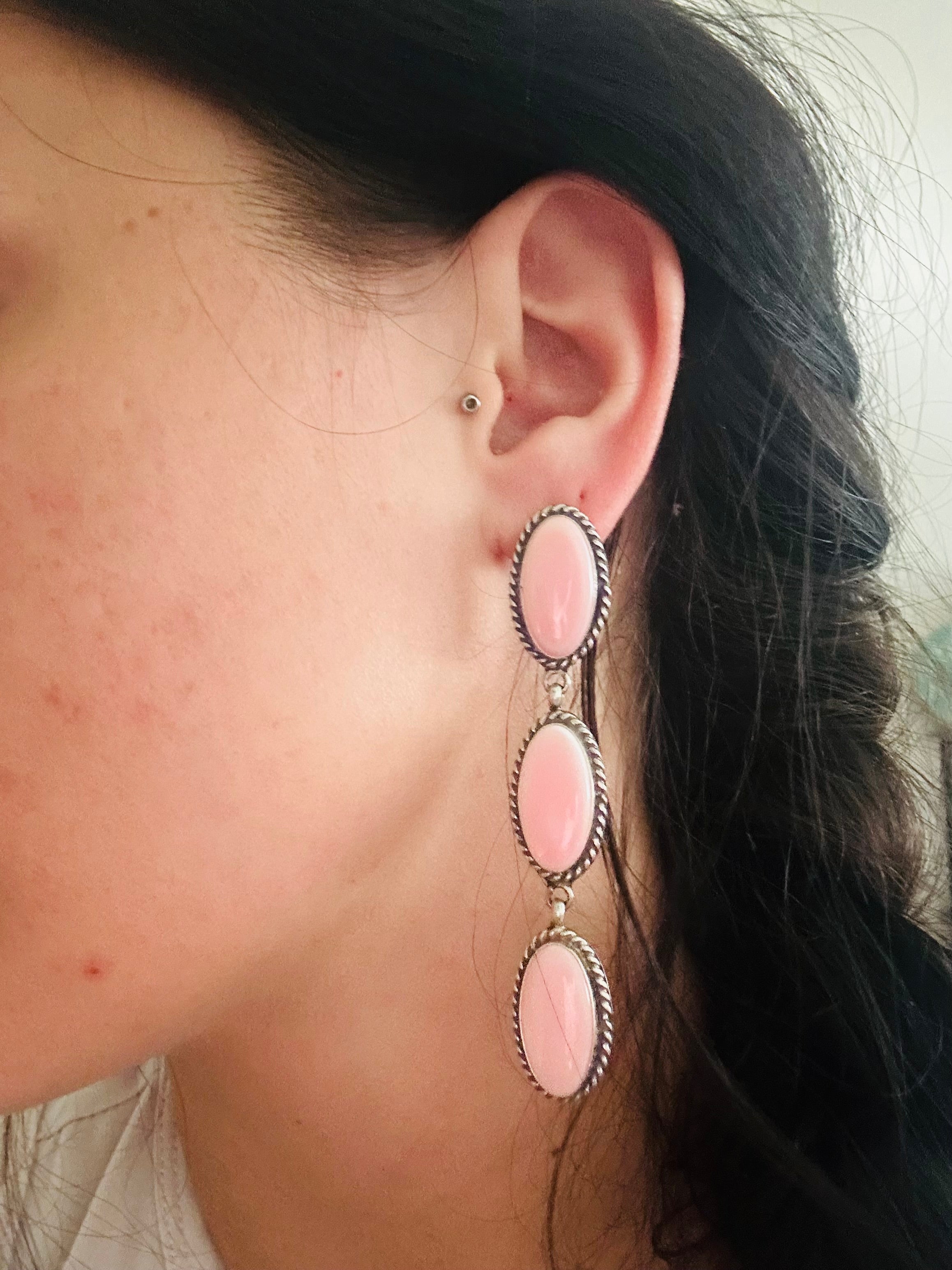 Navajo Made Pink Conch & Sterling Silver Post Dangle Earrings