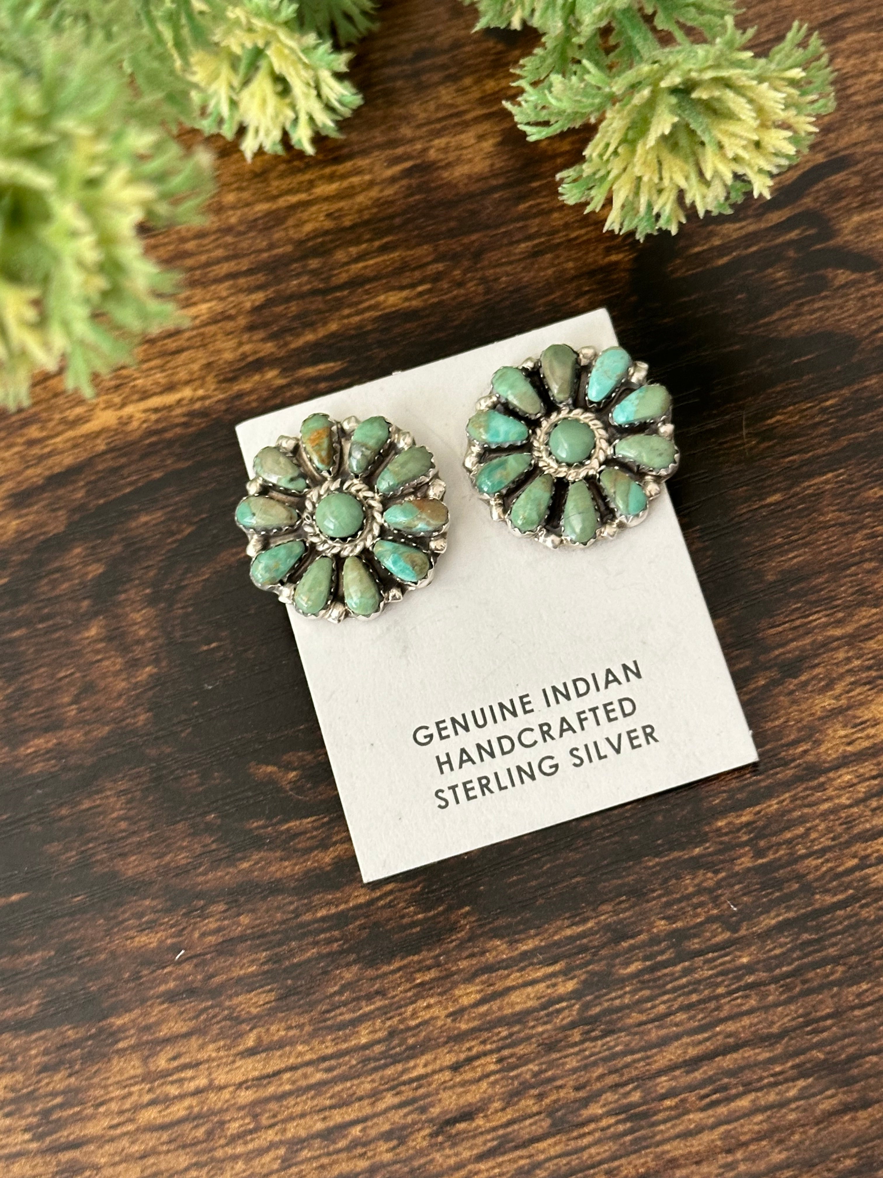 Navajo Handmade Kingman Turquoise & Sterling Silver Cluster Post Earrings