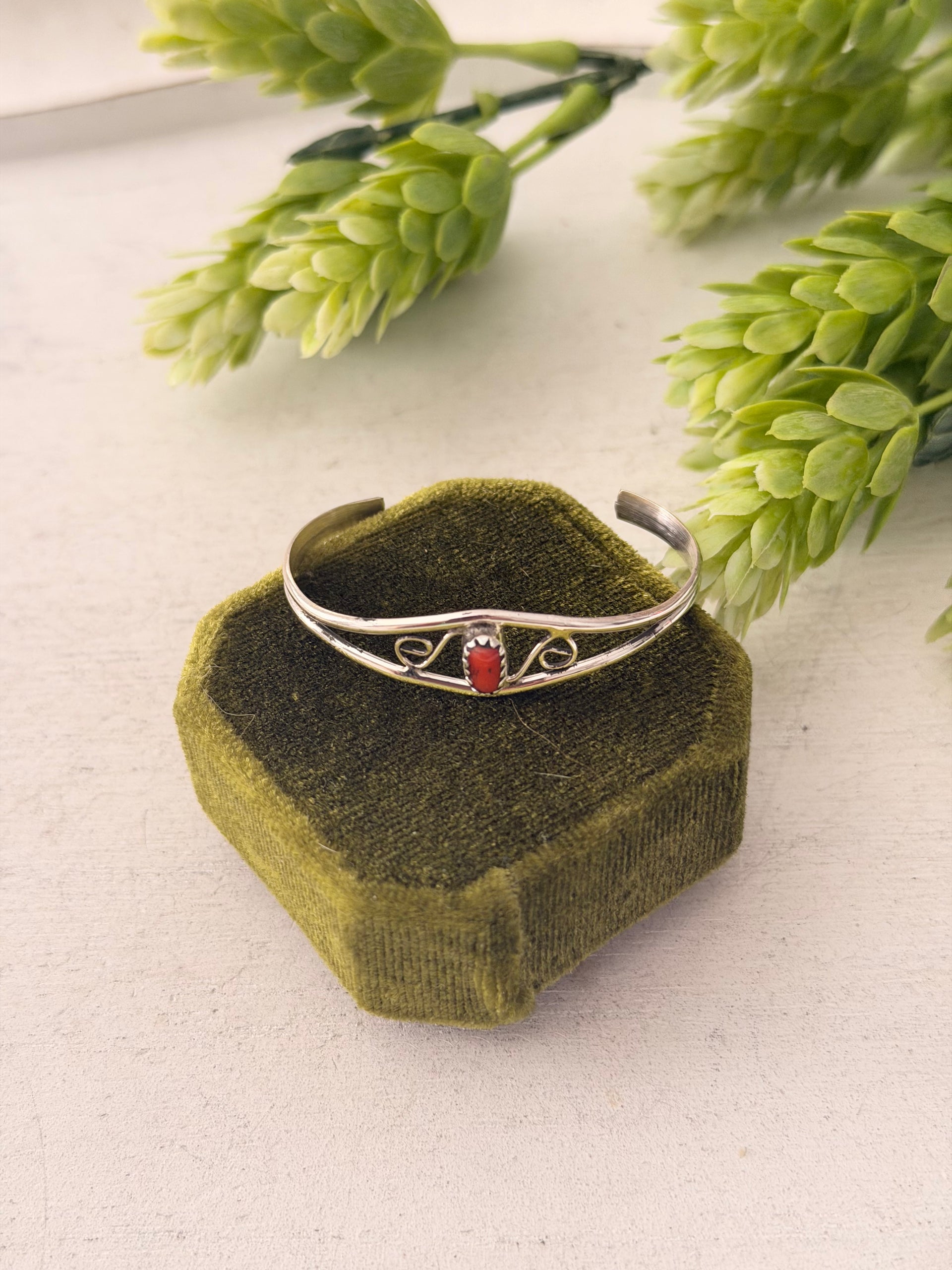 Navajo Made Coral & Sterling Silver Baby Cuff Bracelet