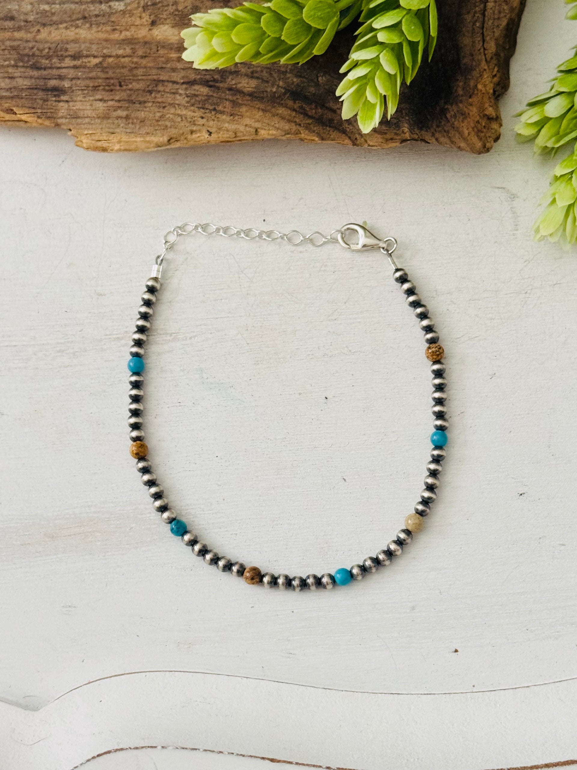 Navajo Made Multi Stone & Sterling Silver Strung Anklet