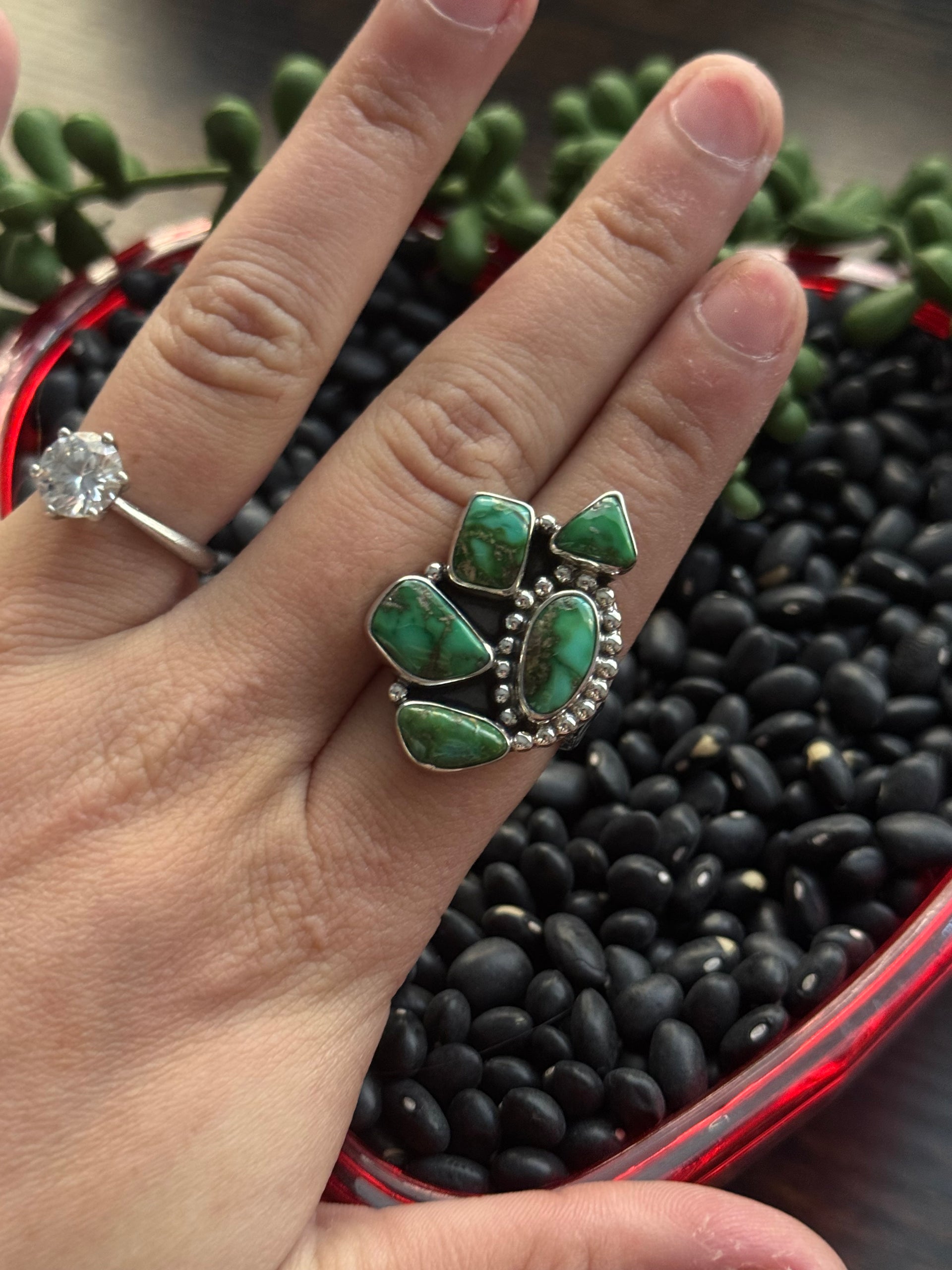 Southwest Handmade Sonoran Mountain Turquoise & Sterling Silver Adjustable Cluster Ring