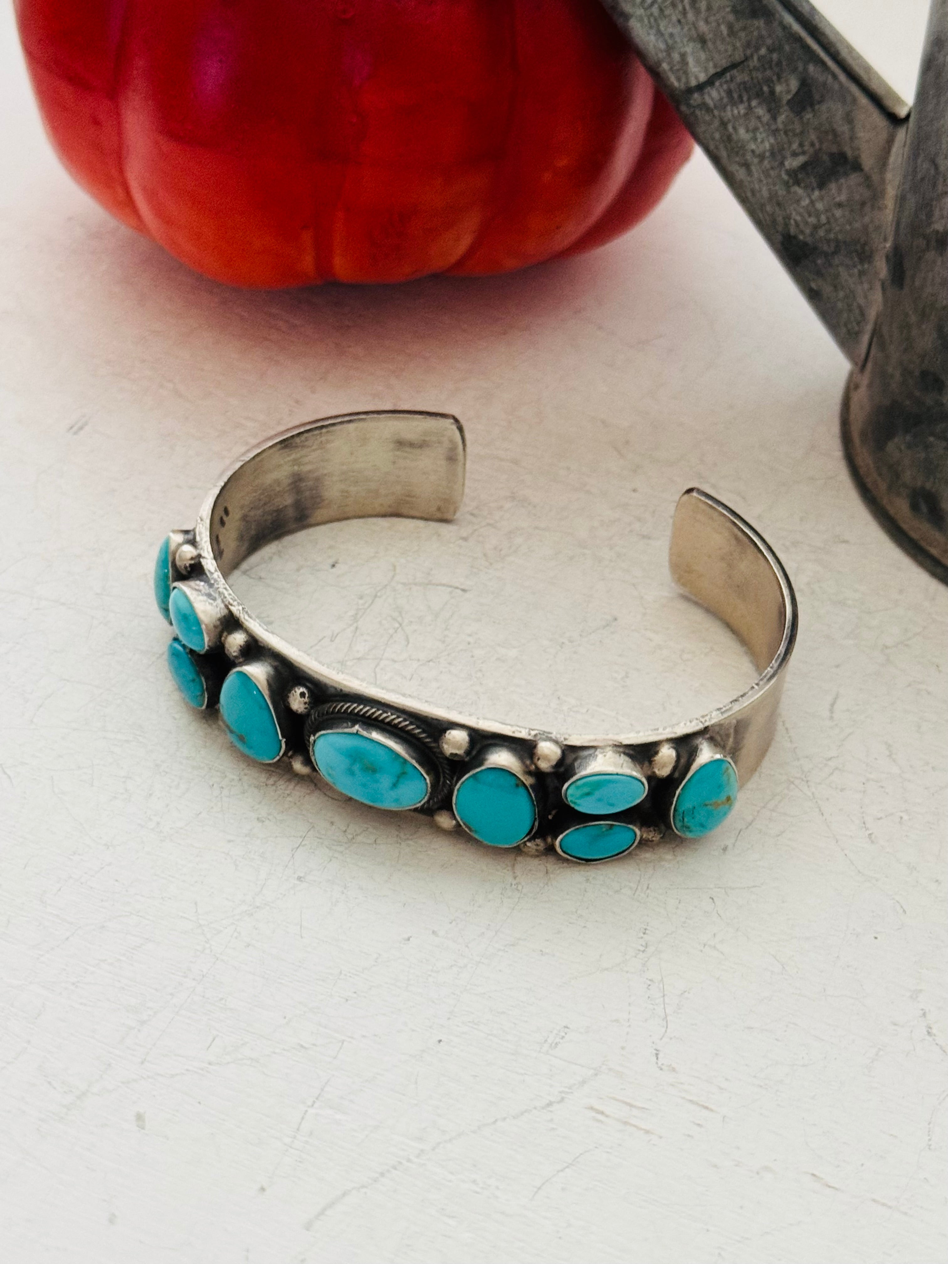 Bobby Johnson Kingman Turquoise & Sterling Silver Cluster Cuff Bracelet