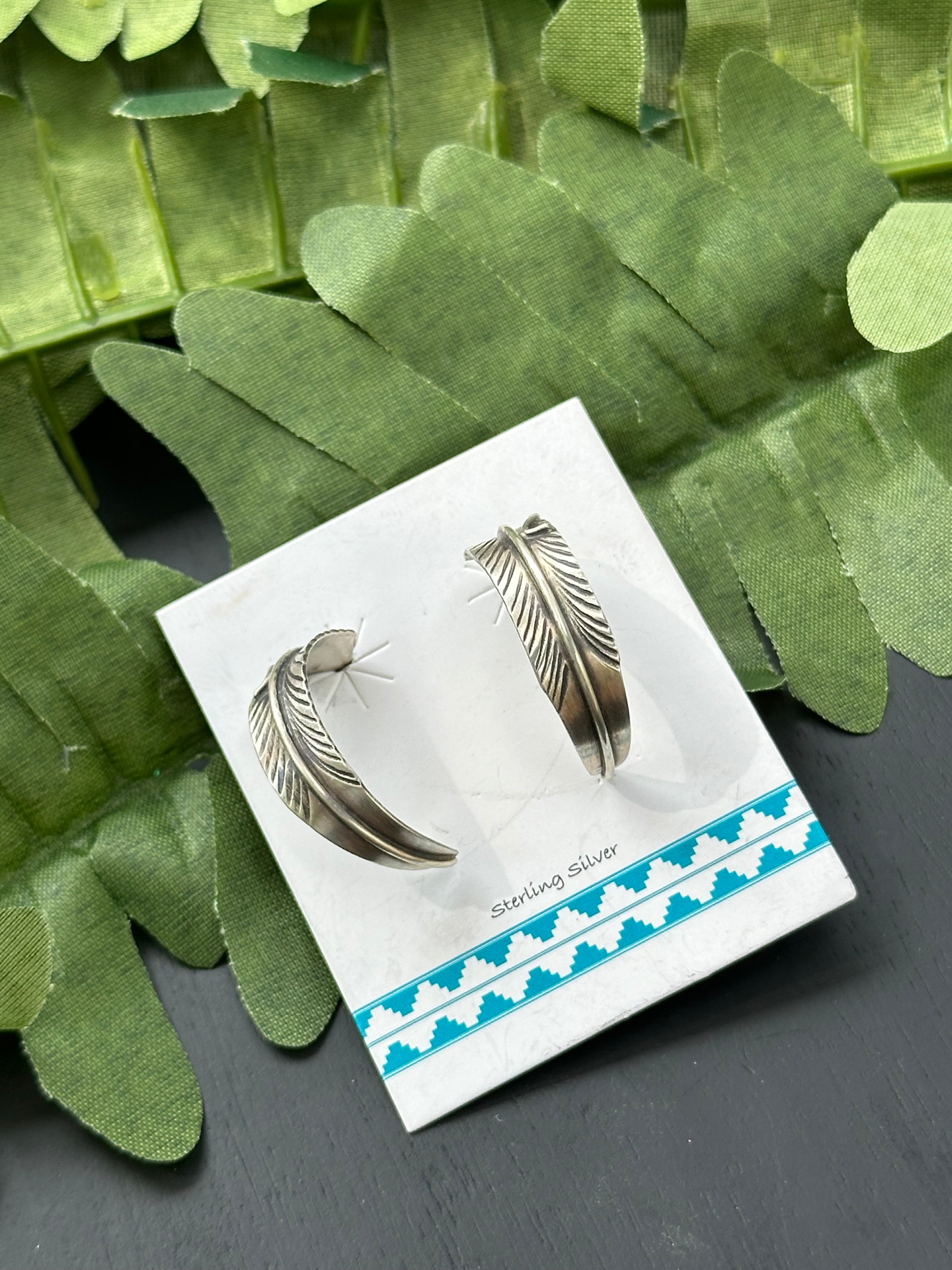 Navajo Made Sterling Silver Feather Post Hoop Earrings