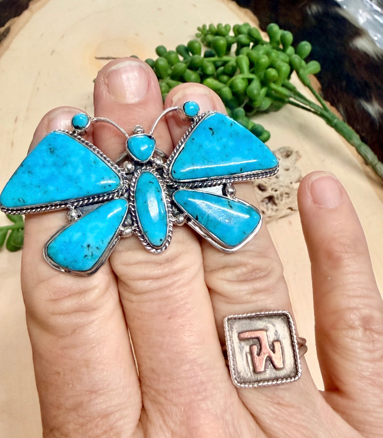 Southwest Handmade Kingman Turquoise & Sterling Silver Butterfly Ring Size 7