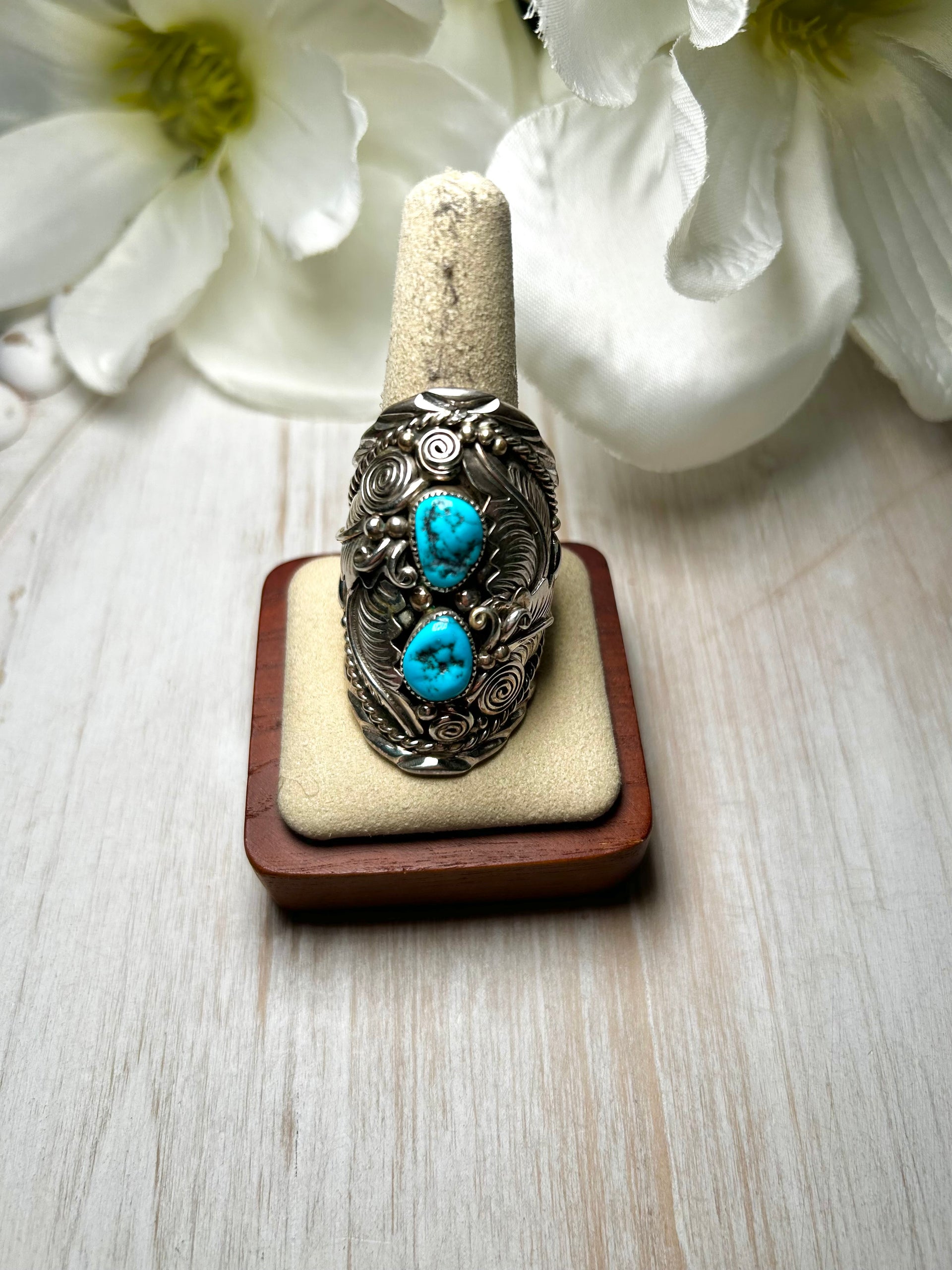 Julia Etsitty Kingman Turquoise & Sterling Silver Ring Size 12.75