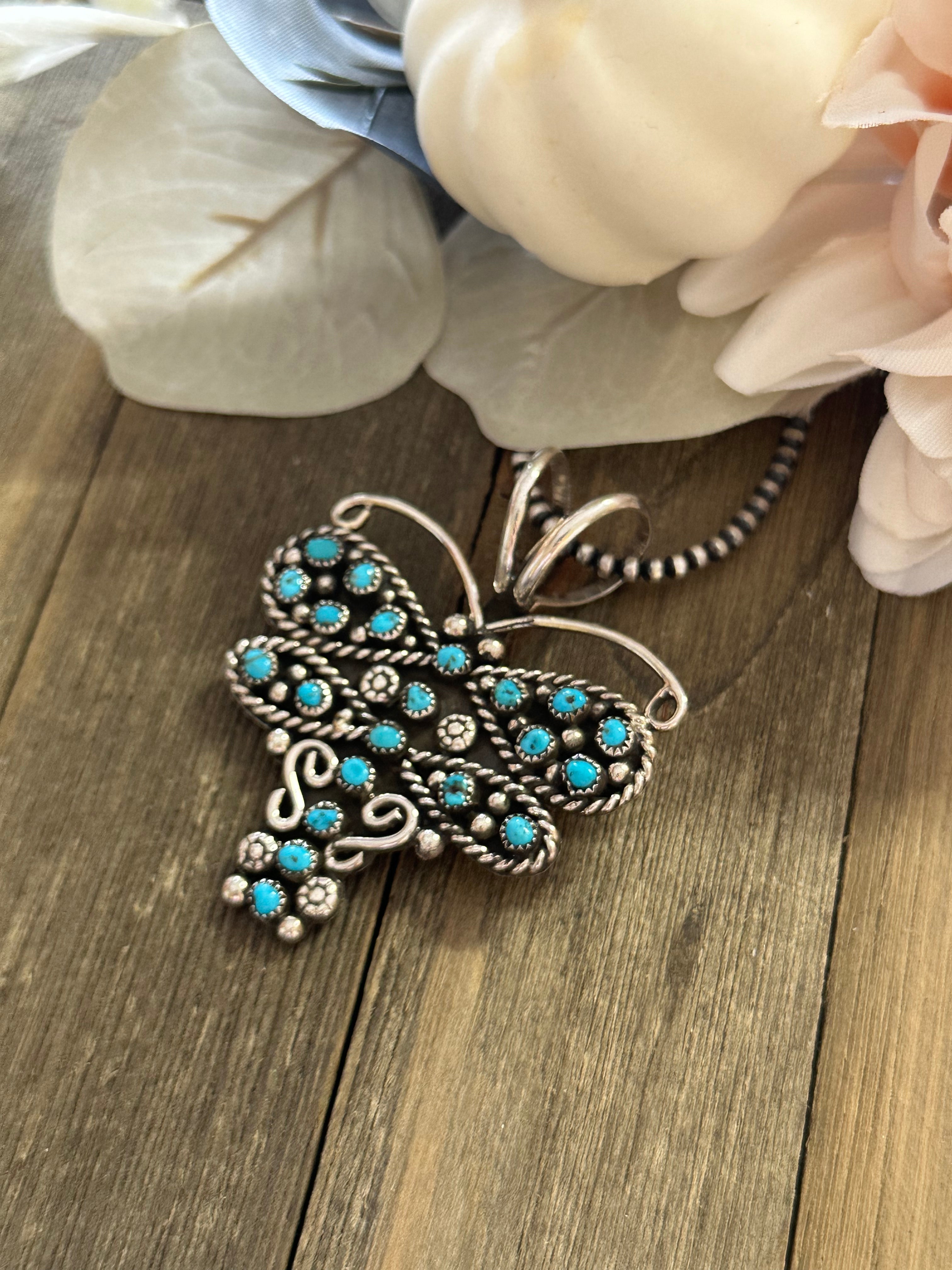 Navajo Made Kingman Turquoise & Sterling Silver Dragonfly Pendant