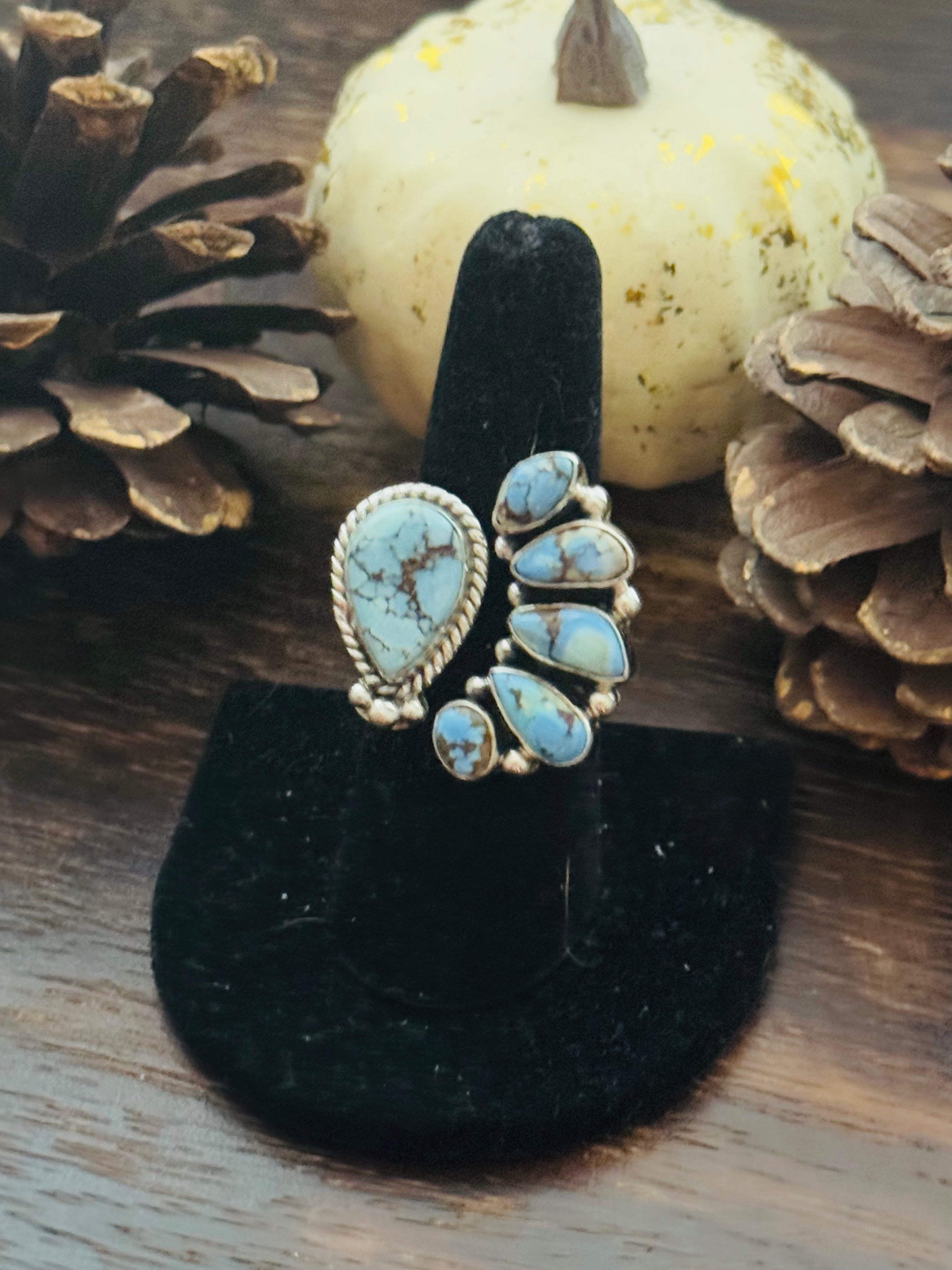 Southwest Handmade Golden Hills Turquoise & Sterling Silver Adjustable Cluster Ring