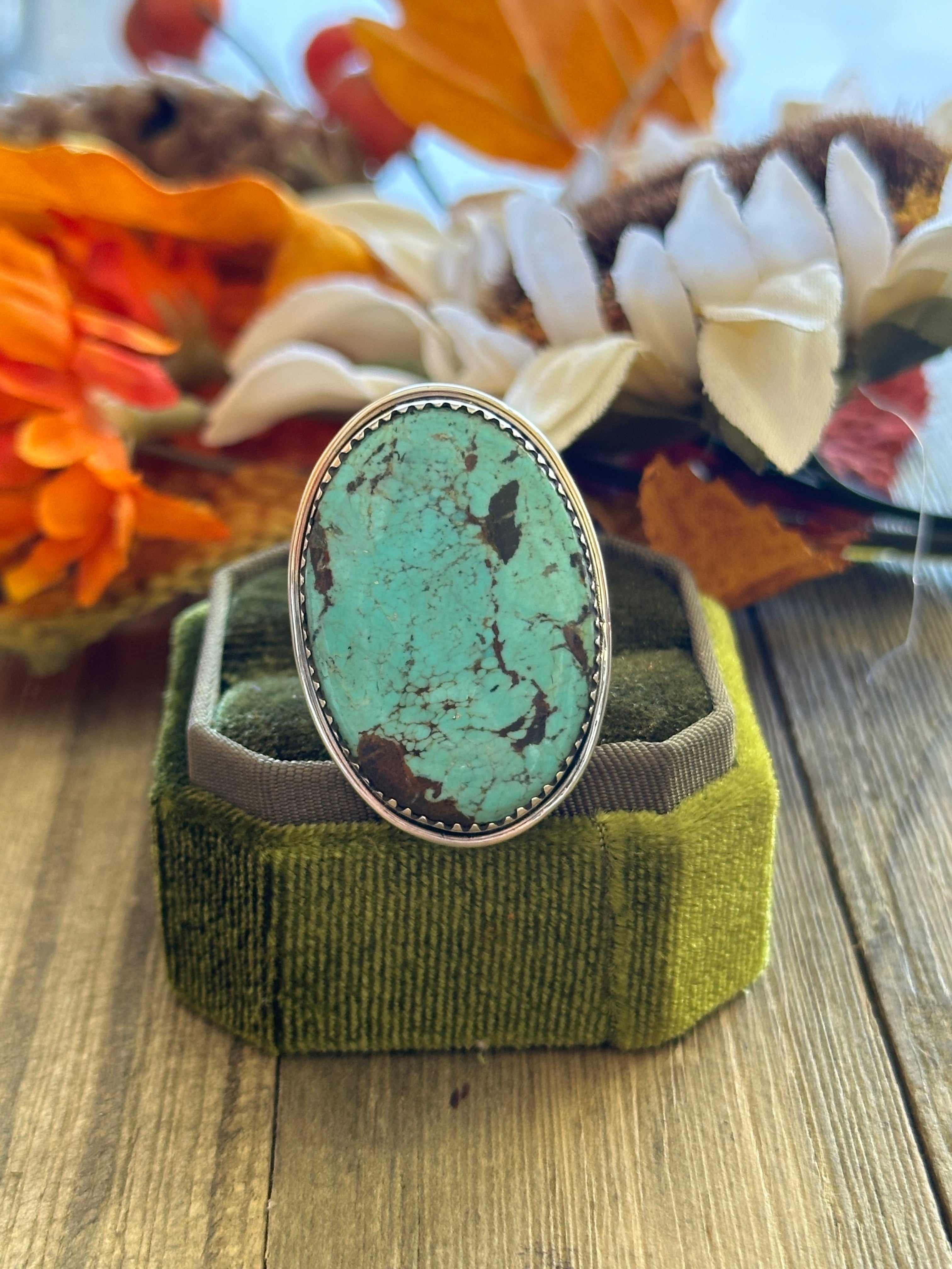 Southwest Handmade #8 Turquoise & Sterling Silver Adjustable Ring