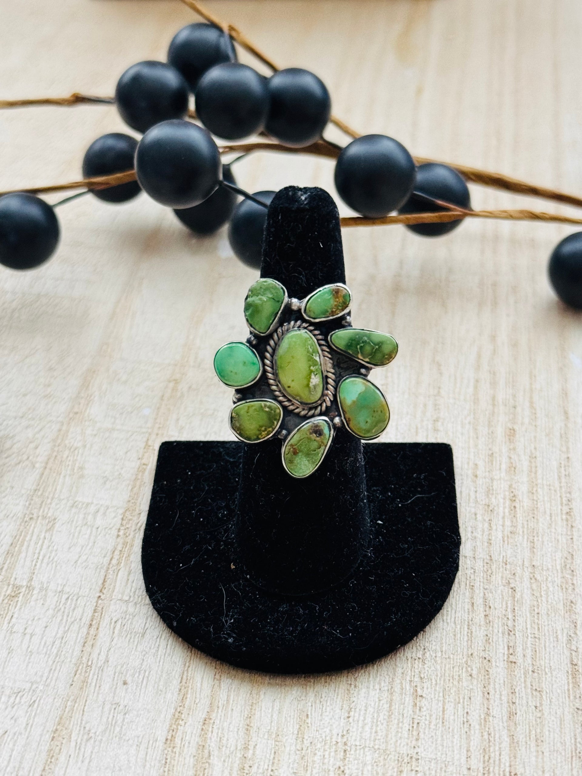 Southwest Handmade Sonoran Gold Turquoise & Sterling Silver Adjustable Cluster Ring