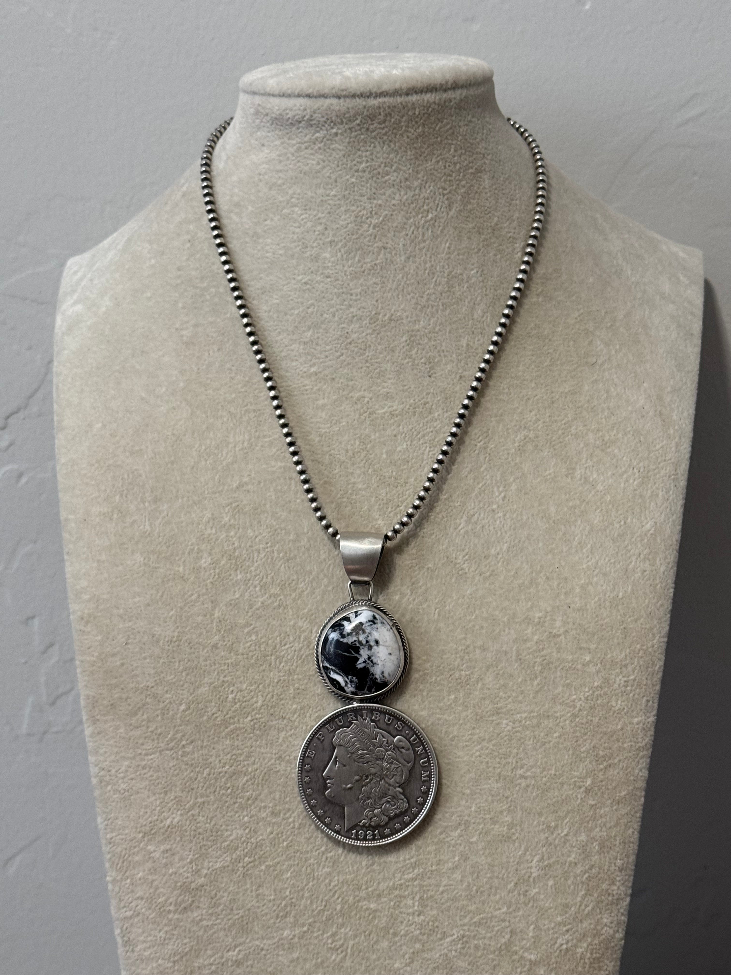 Sheila Tso White Buffalo & Sterling Silver Dollar Coin Pendant