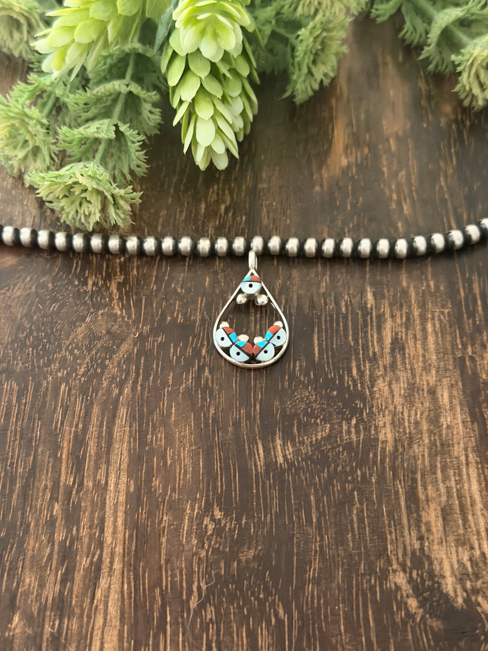 Zuni Made Multi Stone & Sterling Silver Inlay Sunface Pendant