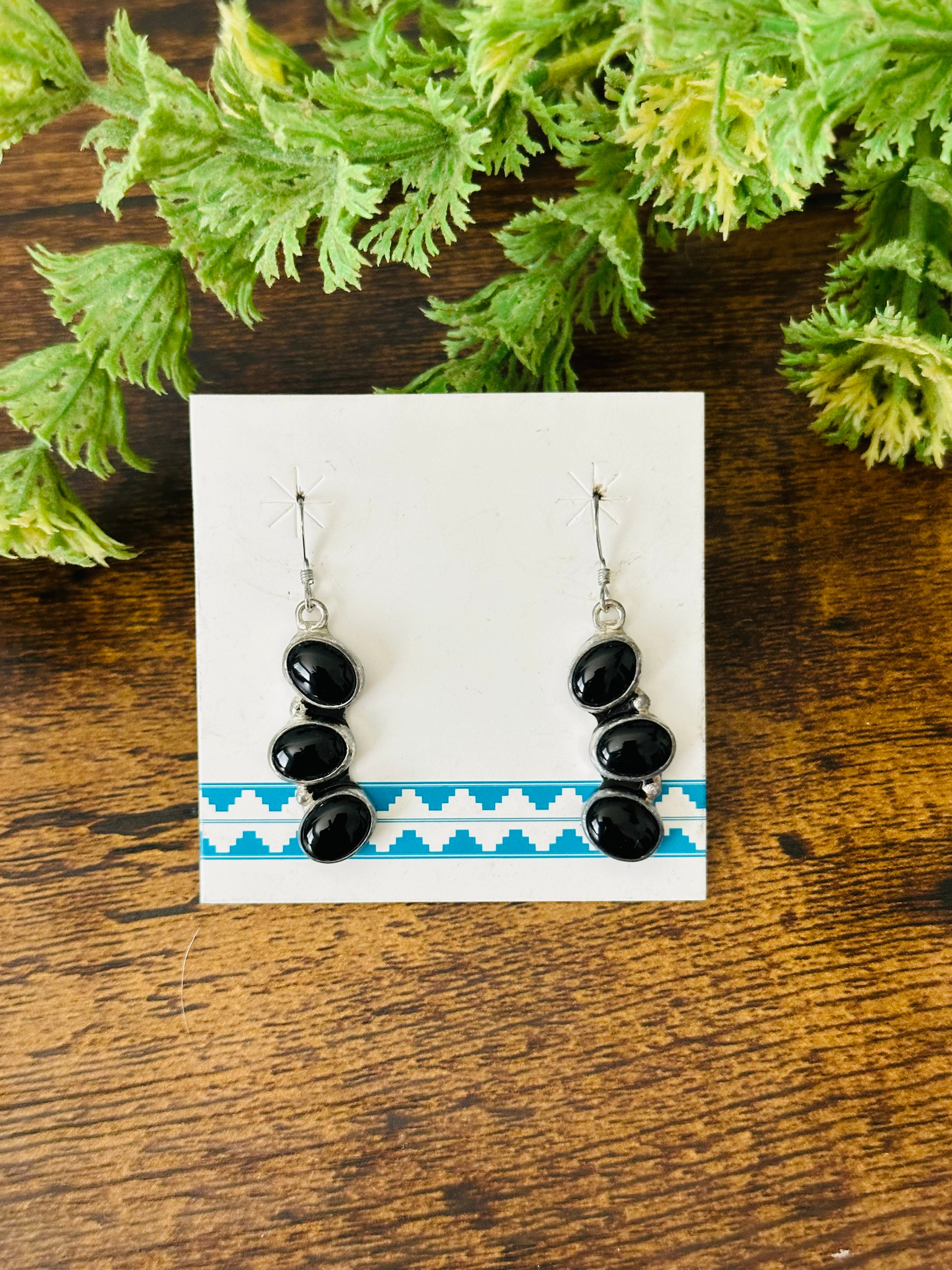 Navajo Made Onyx & Sterling Silver Dangle Earrings