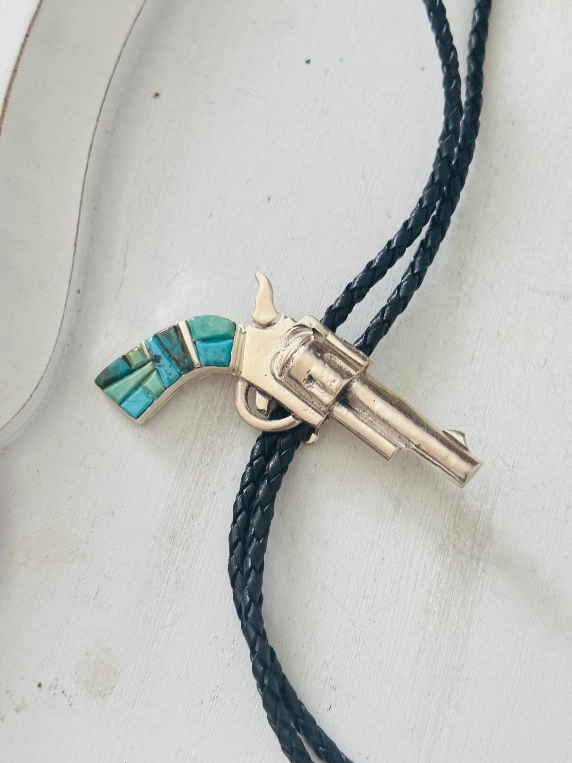 Bobby Mannelito Multi Stone & Sterling Silver Pistol Cobblestone Bolo Tie