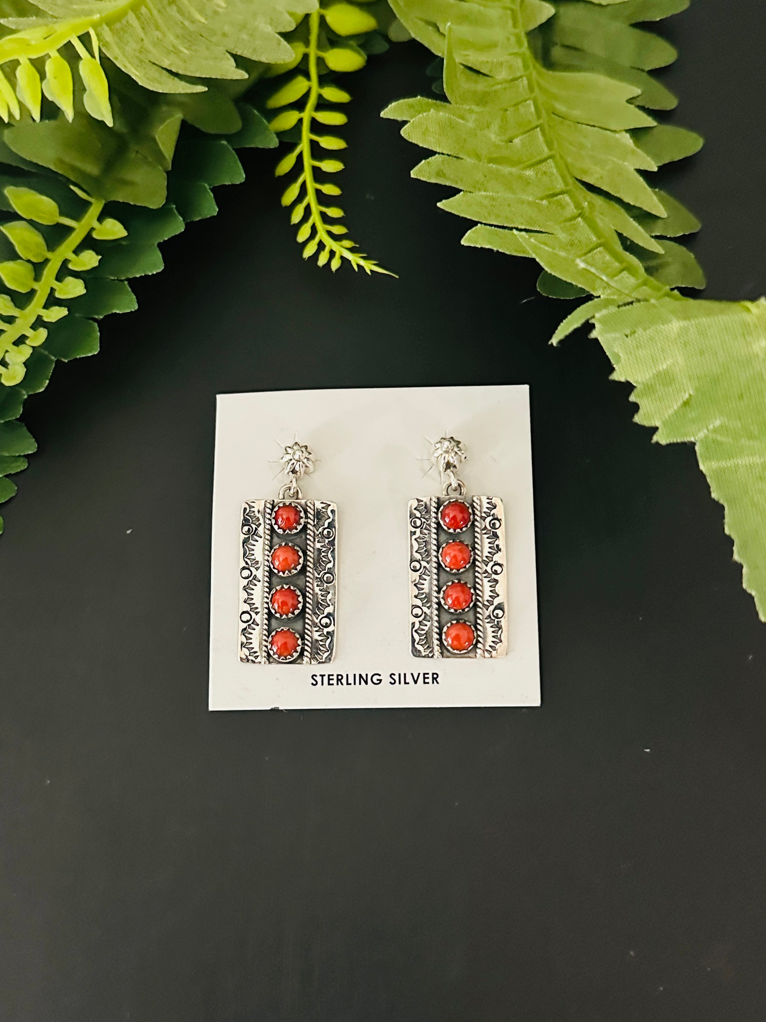 Navajo Made Coral & Sterling Silver Post Dangle  Earrings