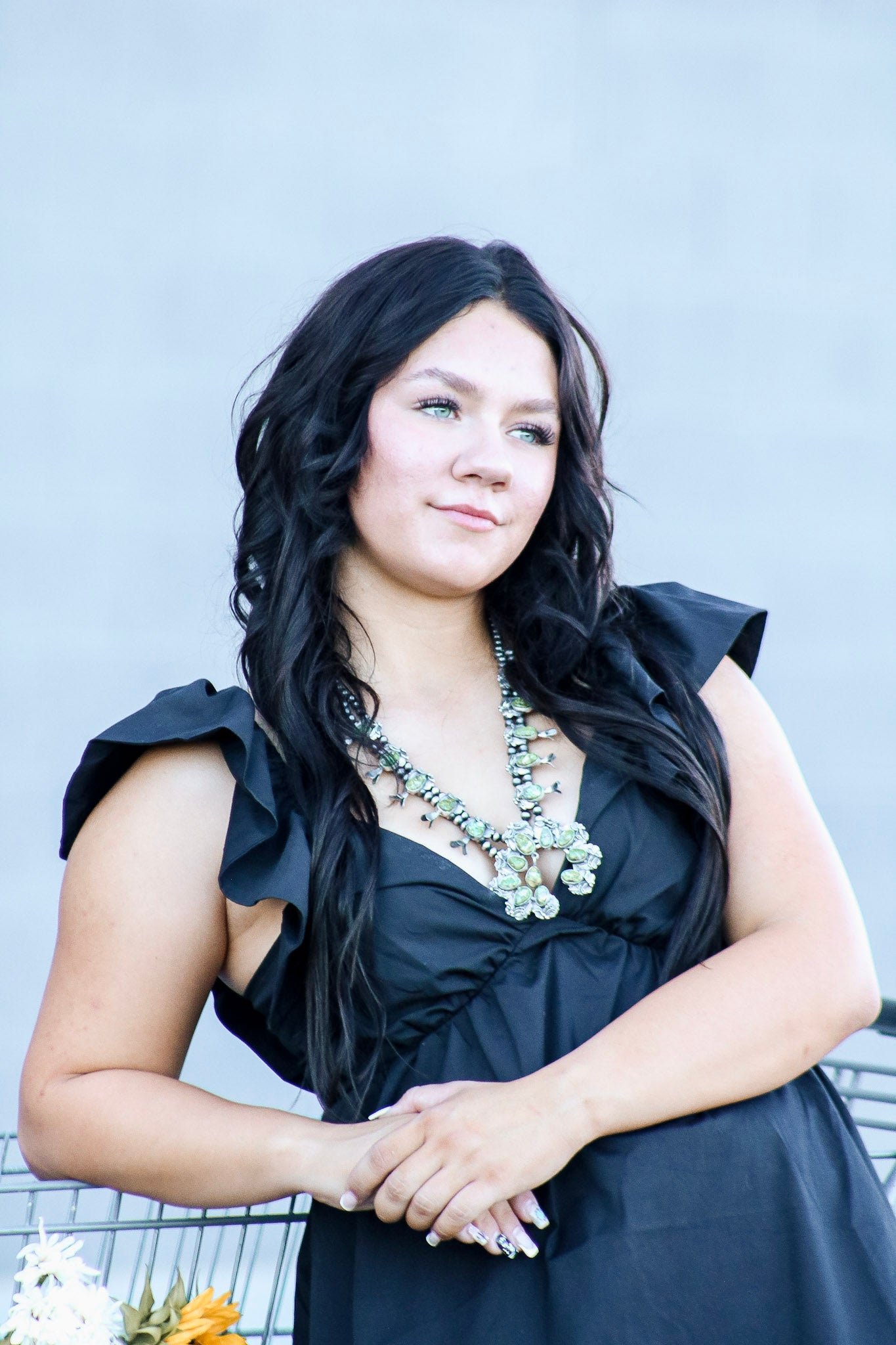 Navajo Made Sonoran Mountain Turquoise & Sterling Silver Squash Blossom Necklace Set