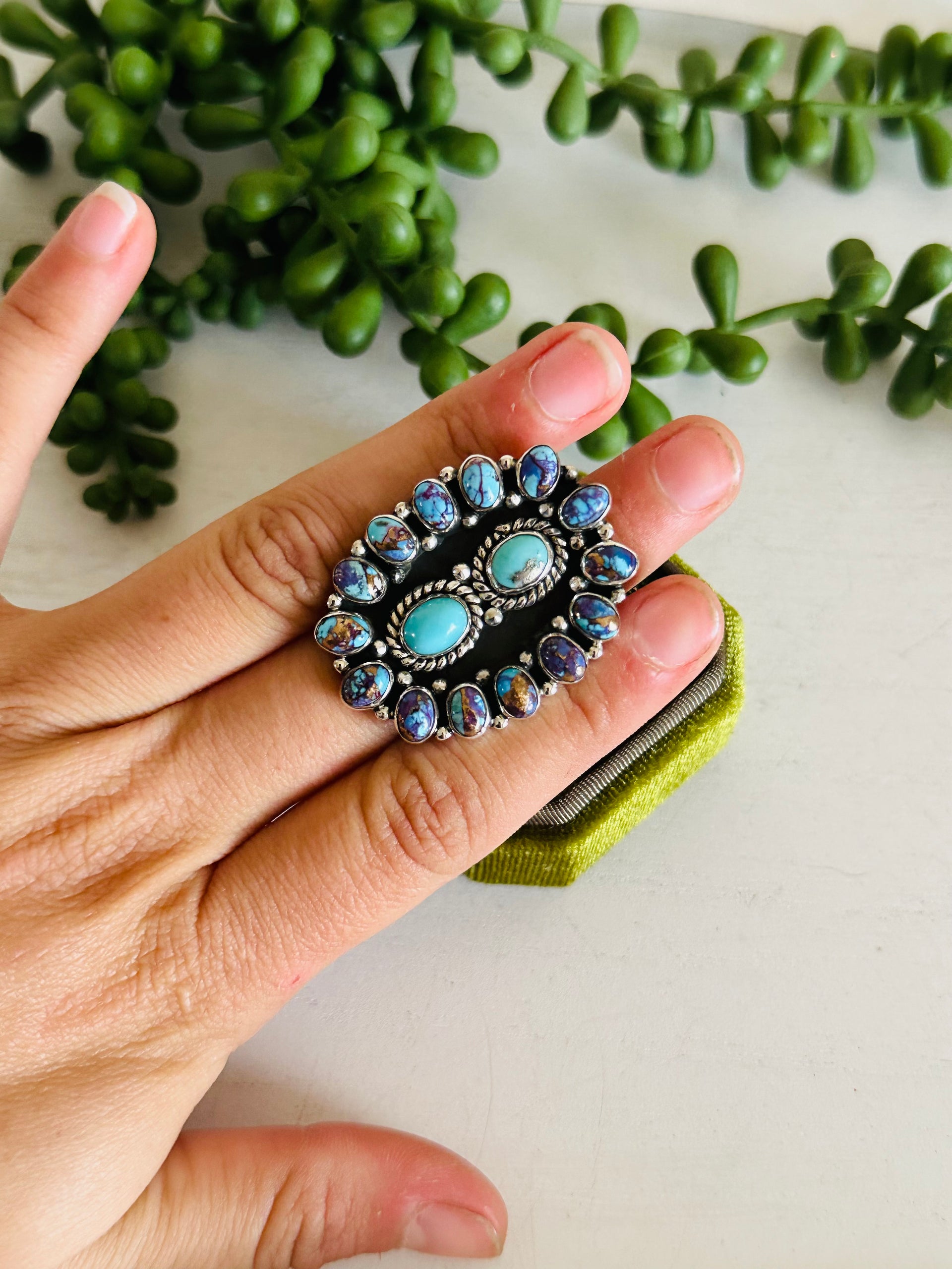 Southwest Handmade Multi Stone & Sterling Silver Adjustable Cluster Ring