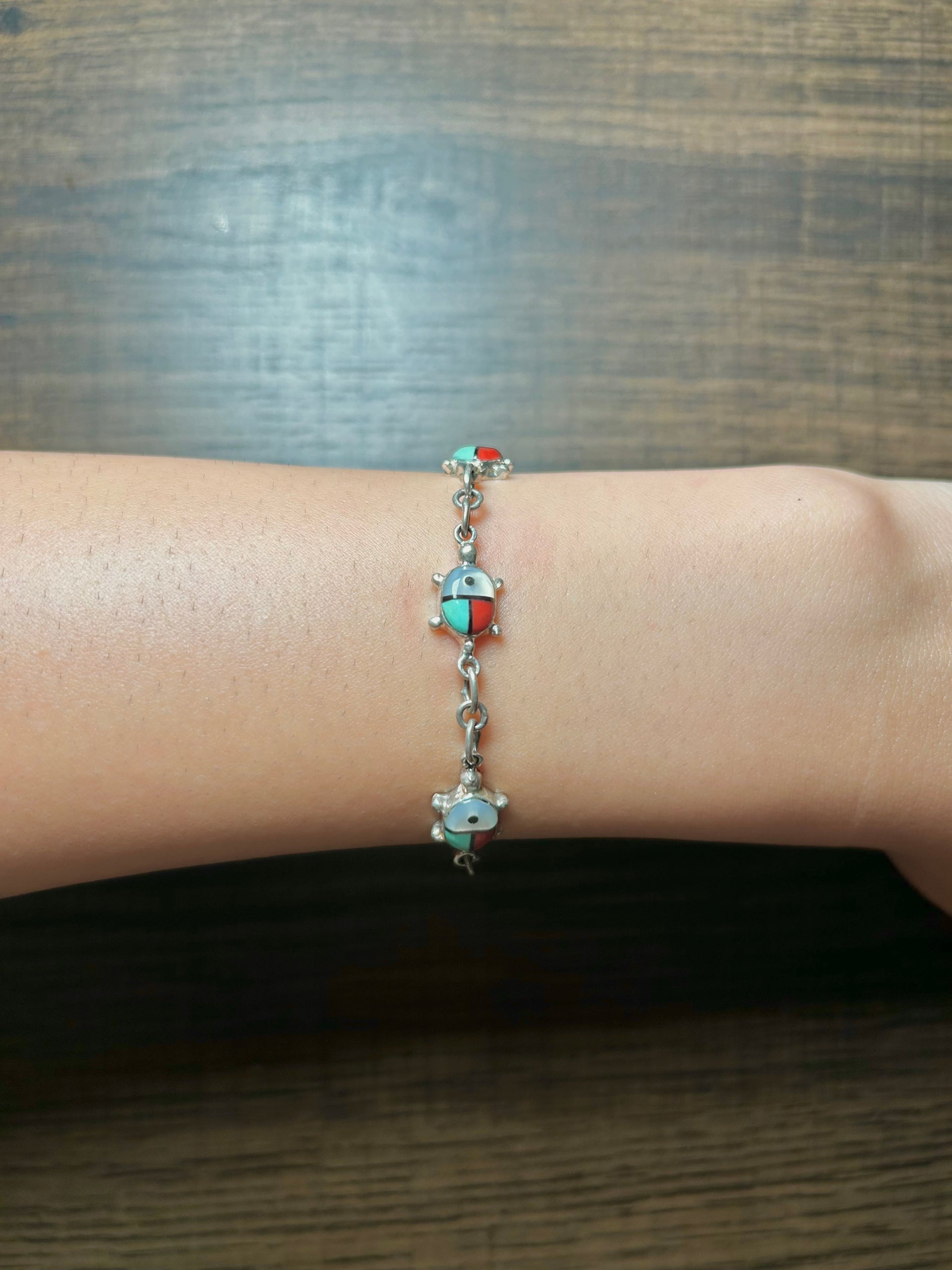 Vintage Zuni Made Multi Stone & Sterling Silver Link Bracelet