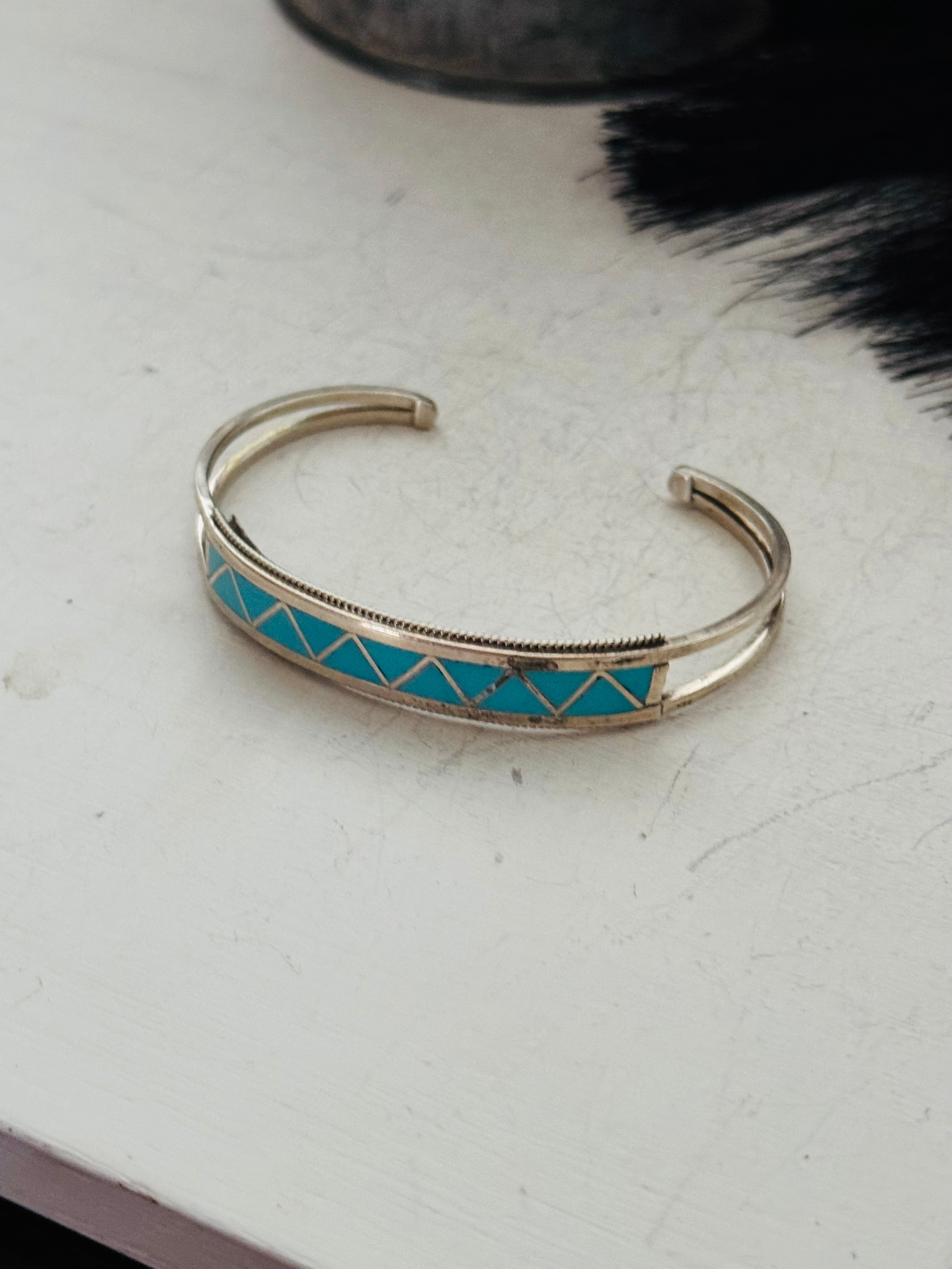 Zuni Made Kingman Turquoise & Sterling Silver Inlay Cuff Bracelet